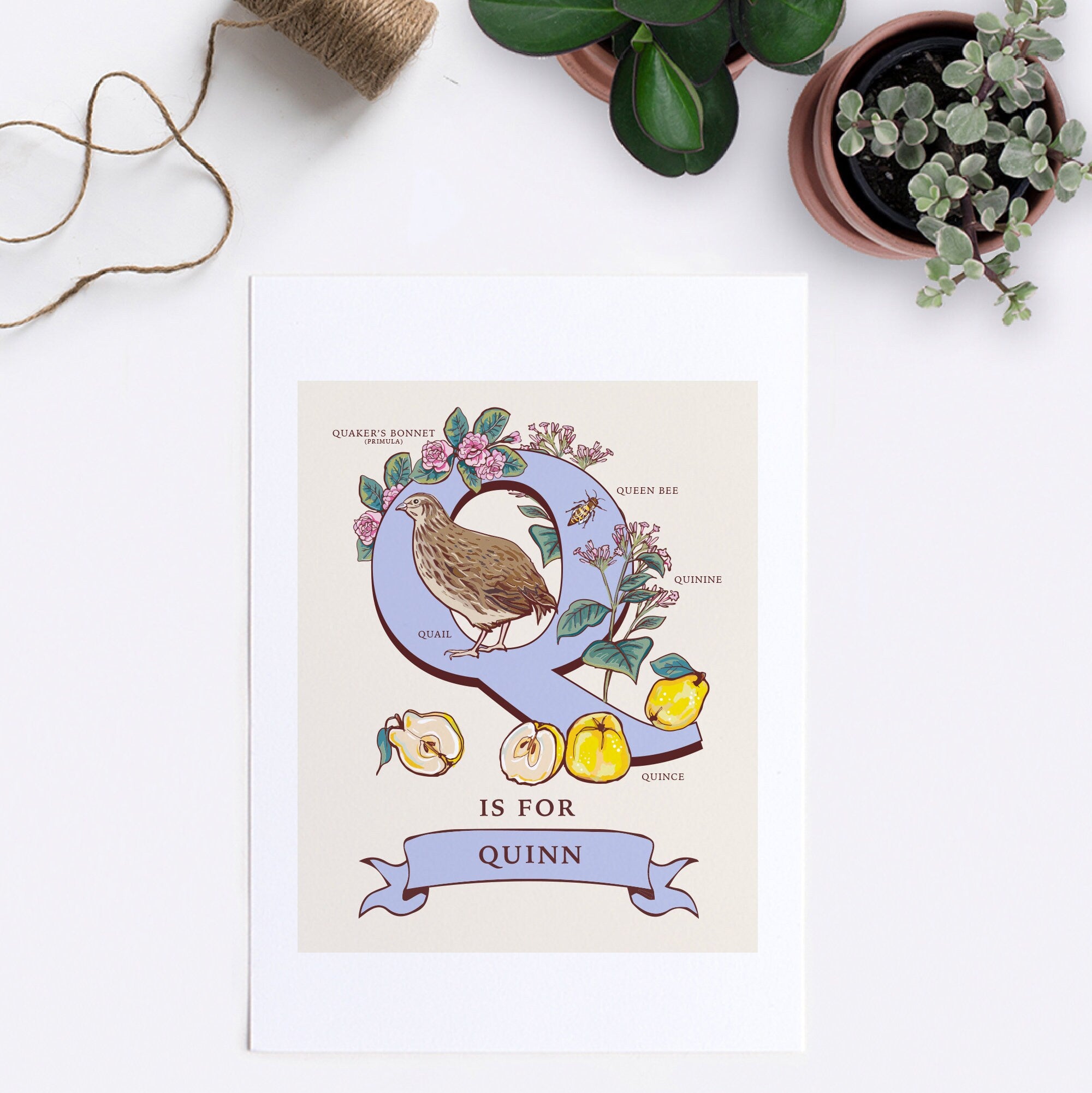 Q - Personalised Letter Q Print, Initial Q Wall Art, Nature Guide Monogram Illustration