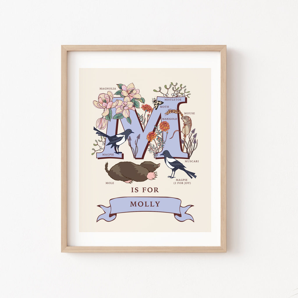 M - Personalised Letter M Print, Initial M Wall Art, Nature Guide Monogram Illustration