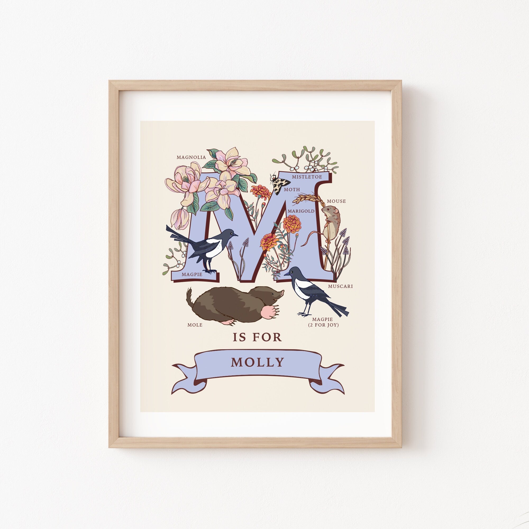 M - Personalised Letter M Print, Initial M Wall Art, Nature Guide Monogram Illustration
