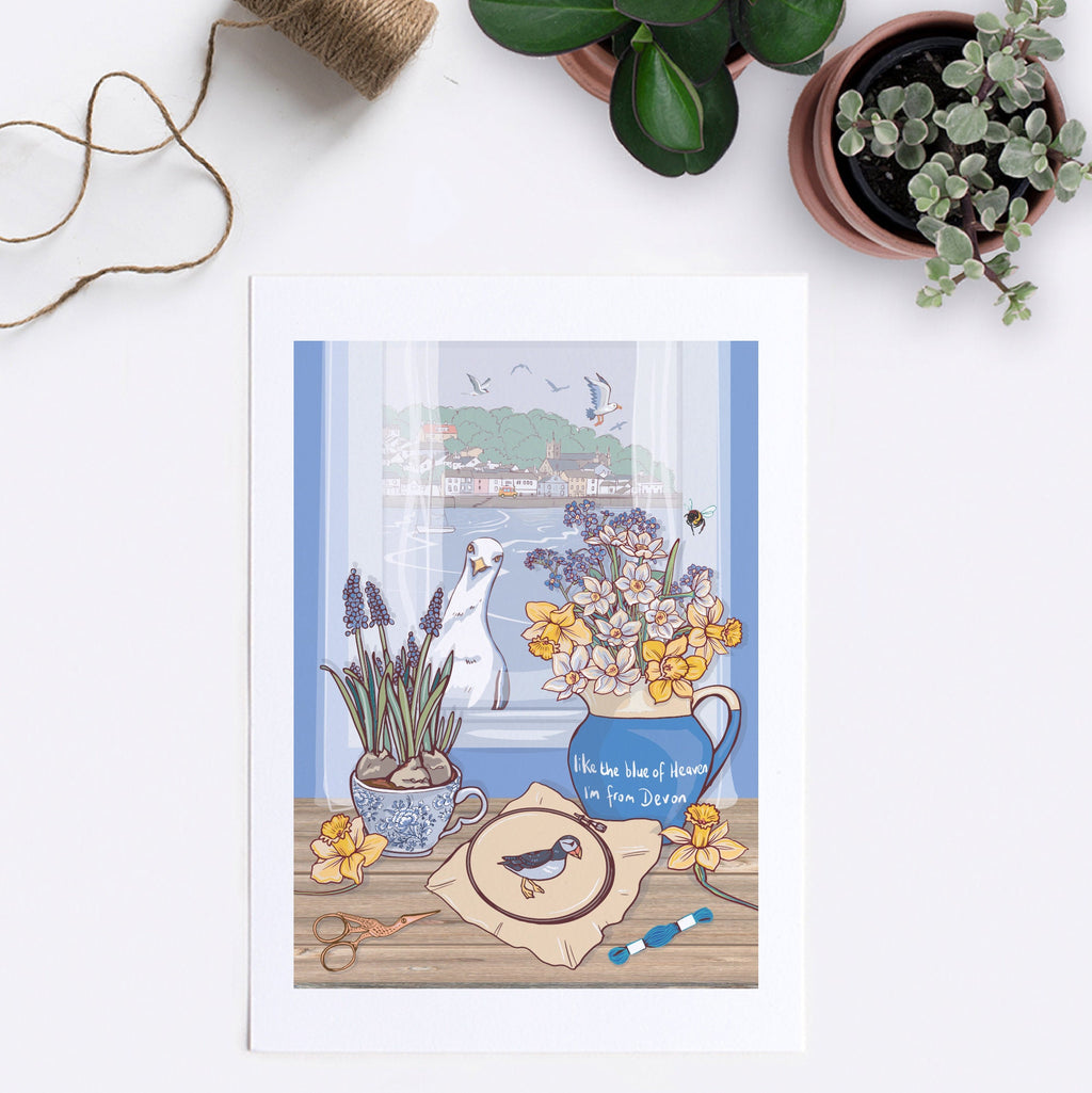 Devon Blue Jug Spring Flowers Wall Art Print, Coastal Seagull Illustration