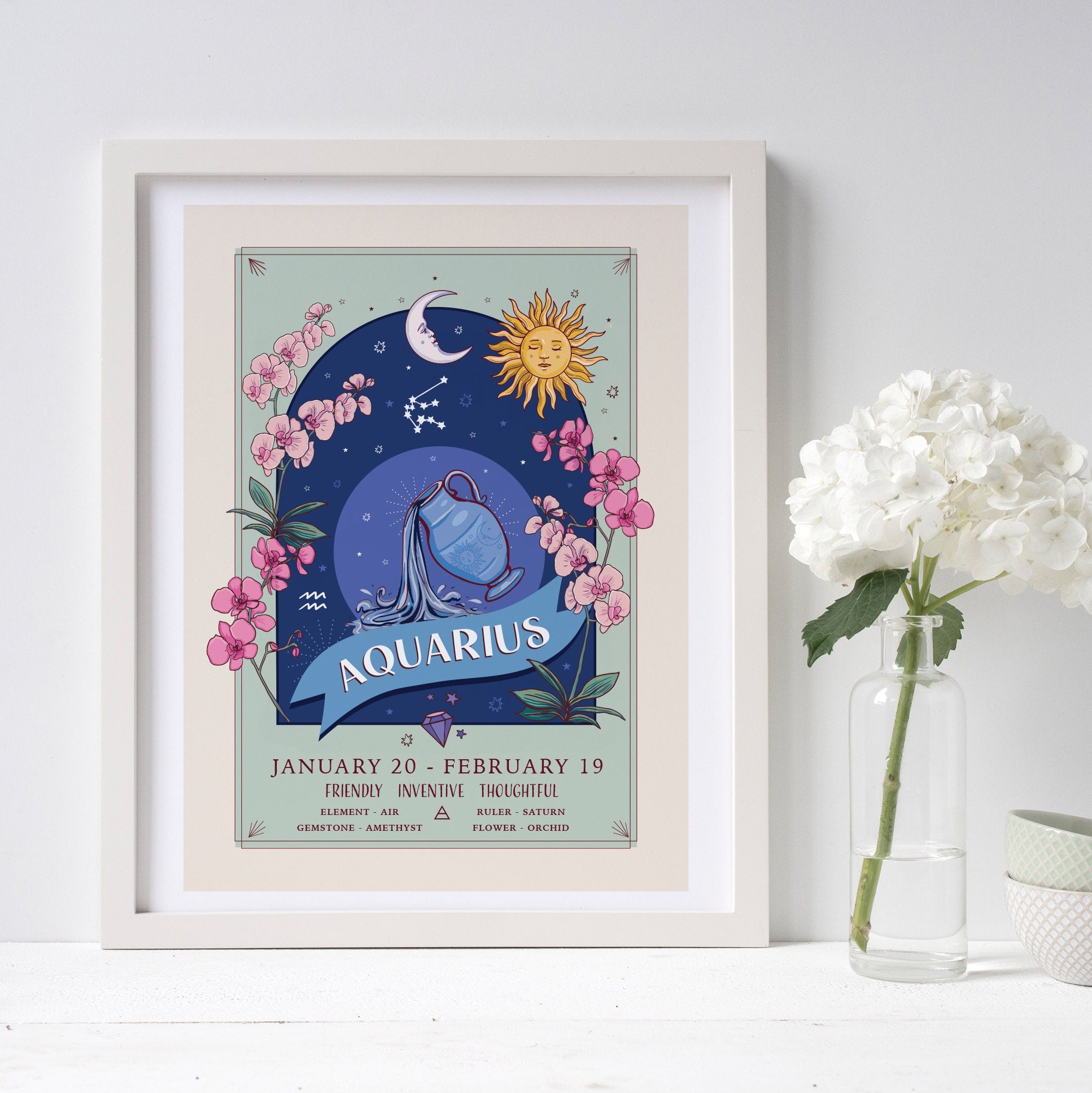 Aquarius Wall Art Print, Zodiac Sign and Flowers Illustration Print