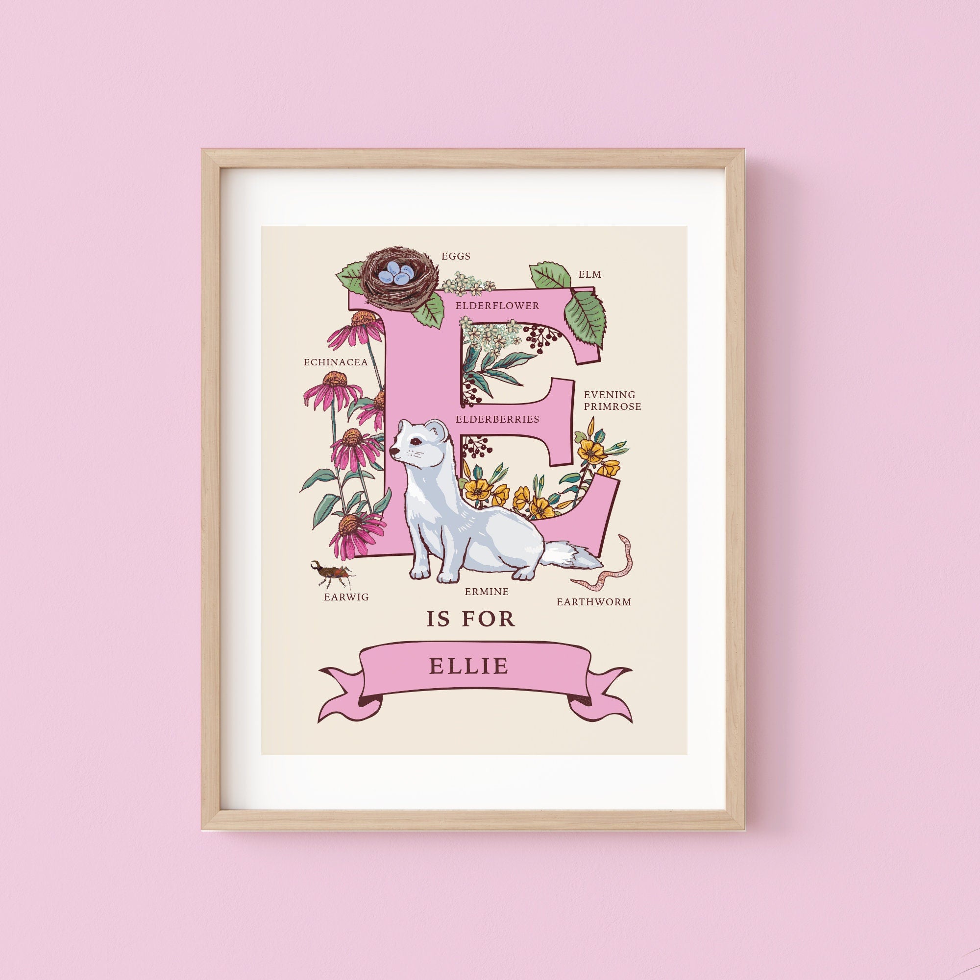 Personalised Monogram Initial Letter E, Nature Guide Wall Art Print