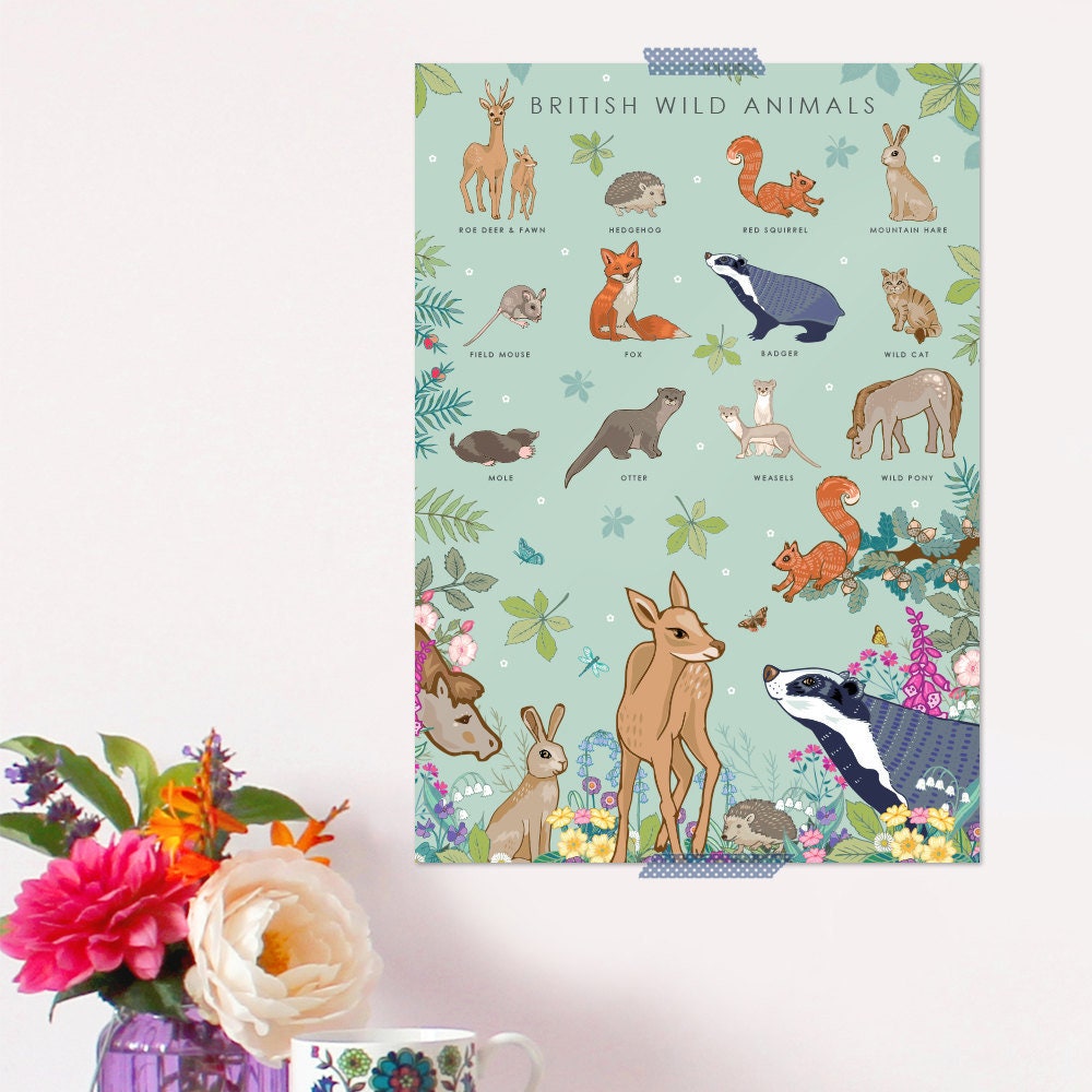 British Wild Animals Nature Guide Wall Art Print