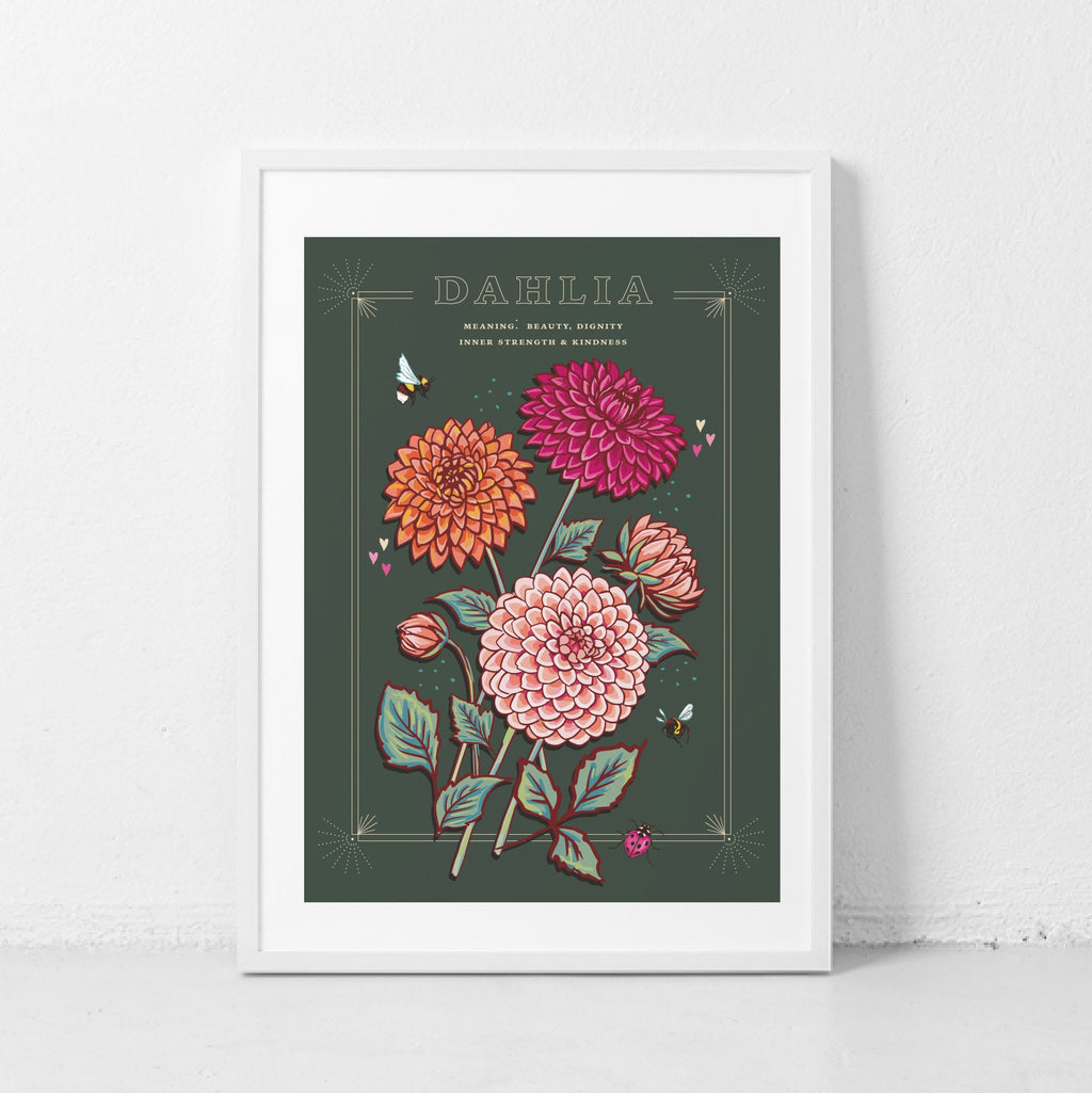 Dahlia Wall Art Print, Flower Meaning Illustration Print