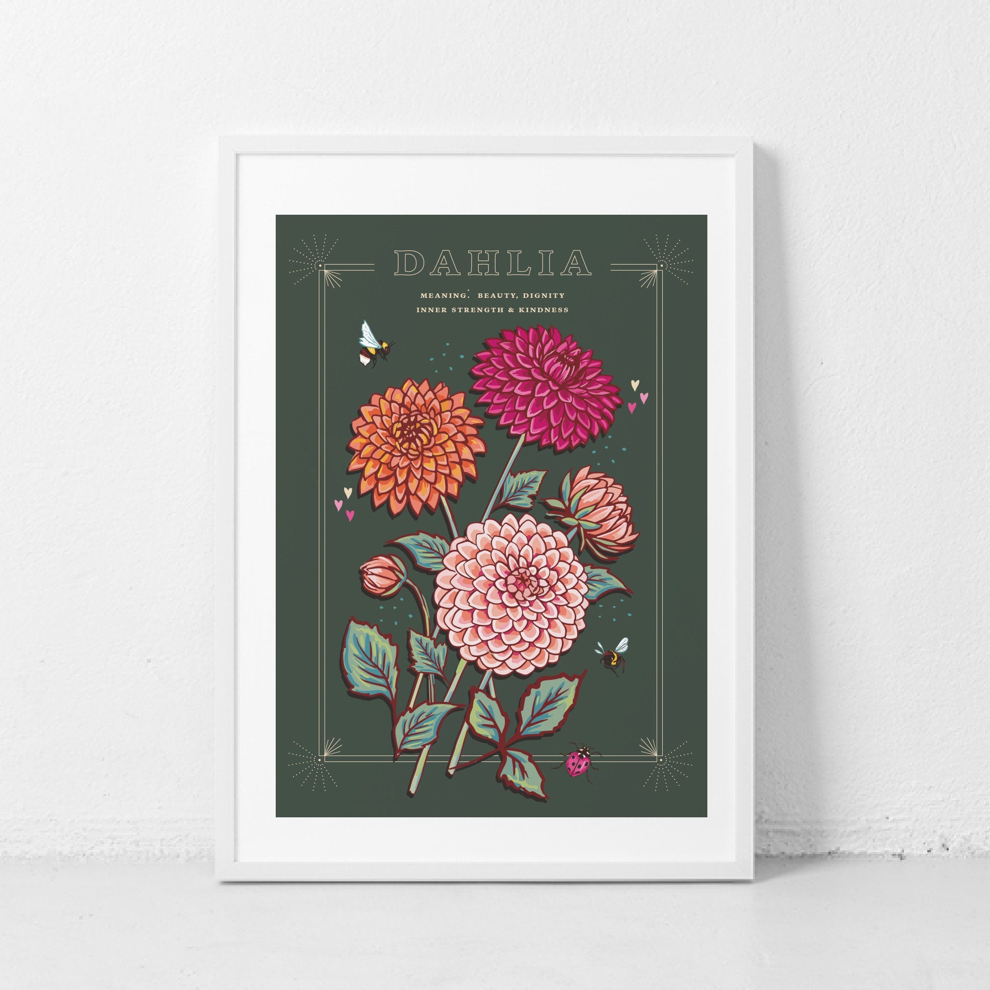 Dahlia Wall Art Print, Flower Meaning Illustration Print