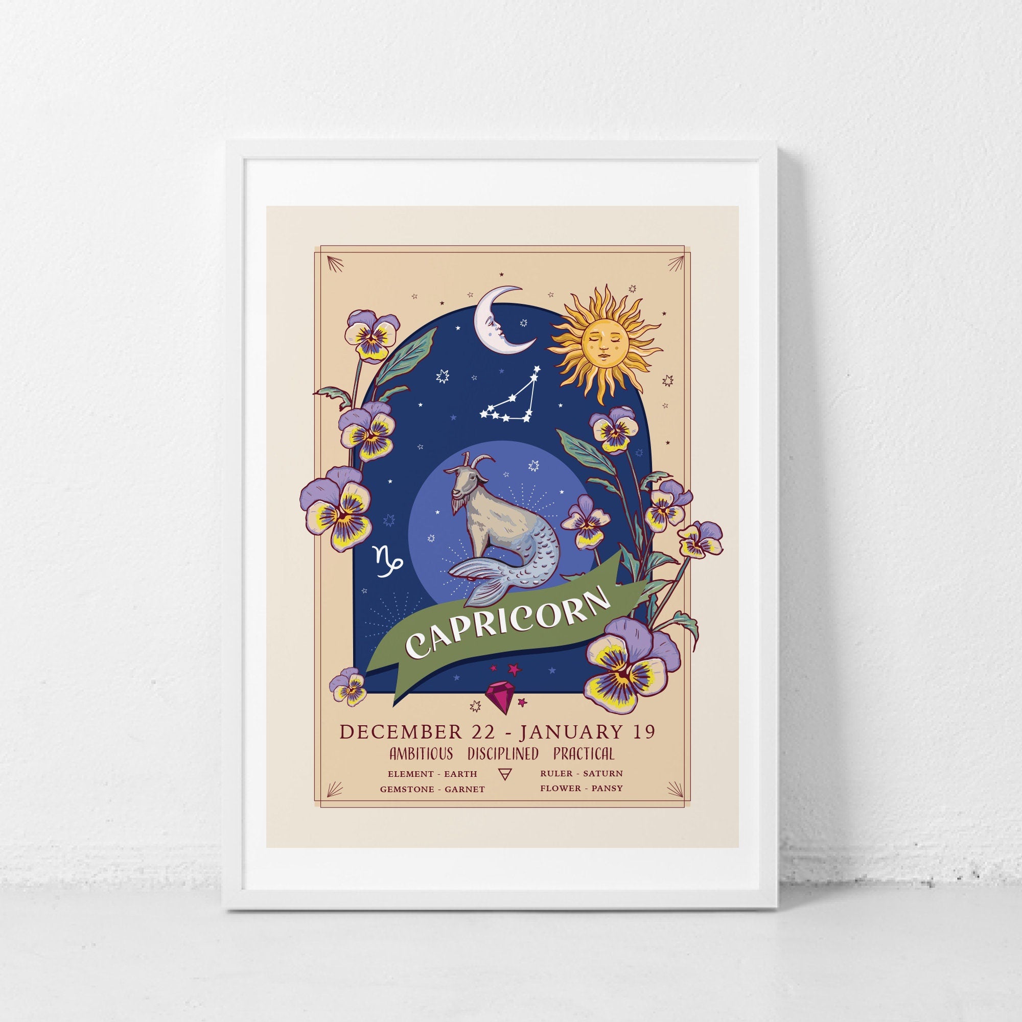 Capricorn Wall Art Print, Zodiac Sign and Flowers Illustration Print
