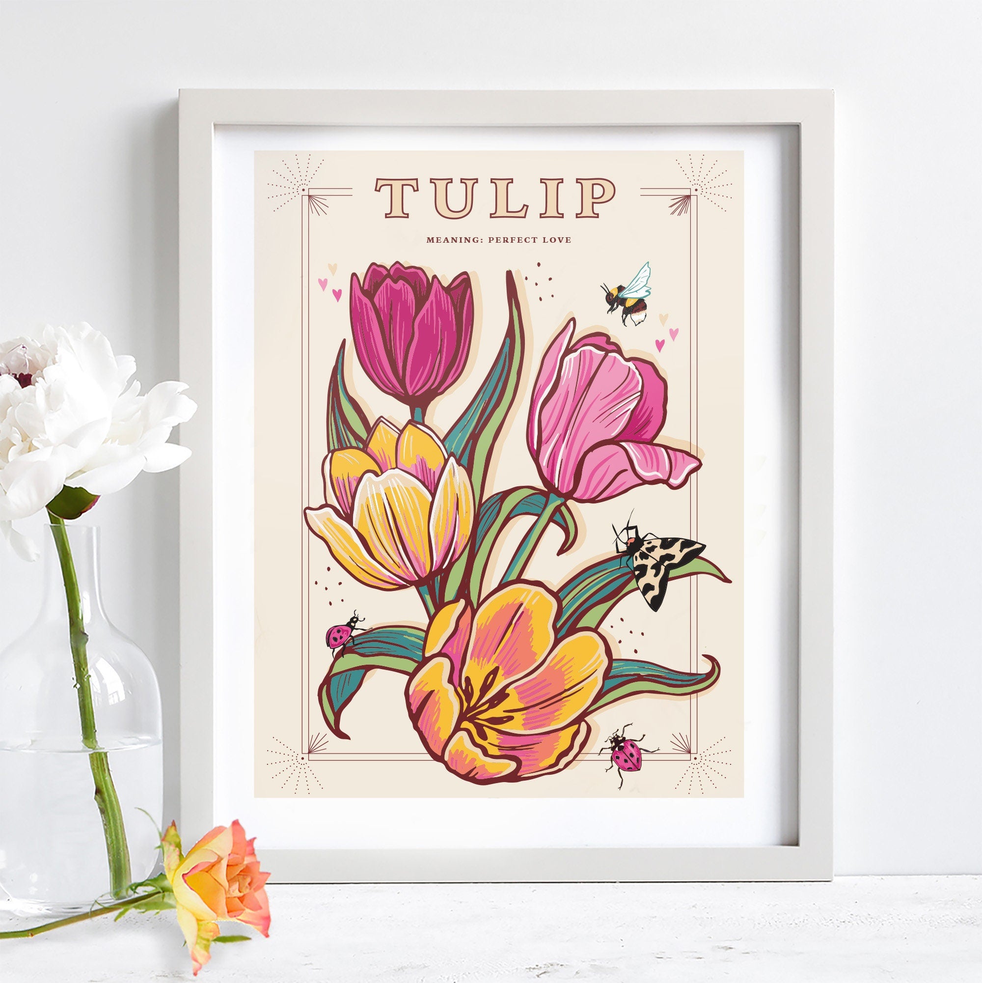 Tulip Wall Art Print, Meaning of Flowers Vintage Seed Packet Style Illustration Print