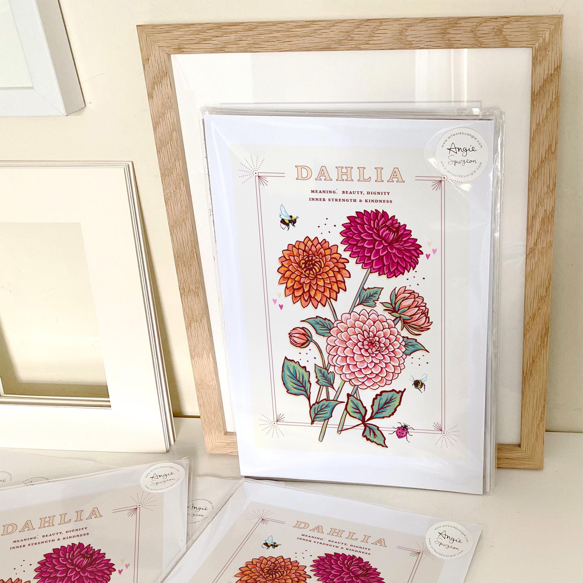Dahlia Wall Art Print, Flower Meaning Illustration Print