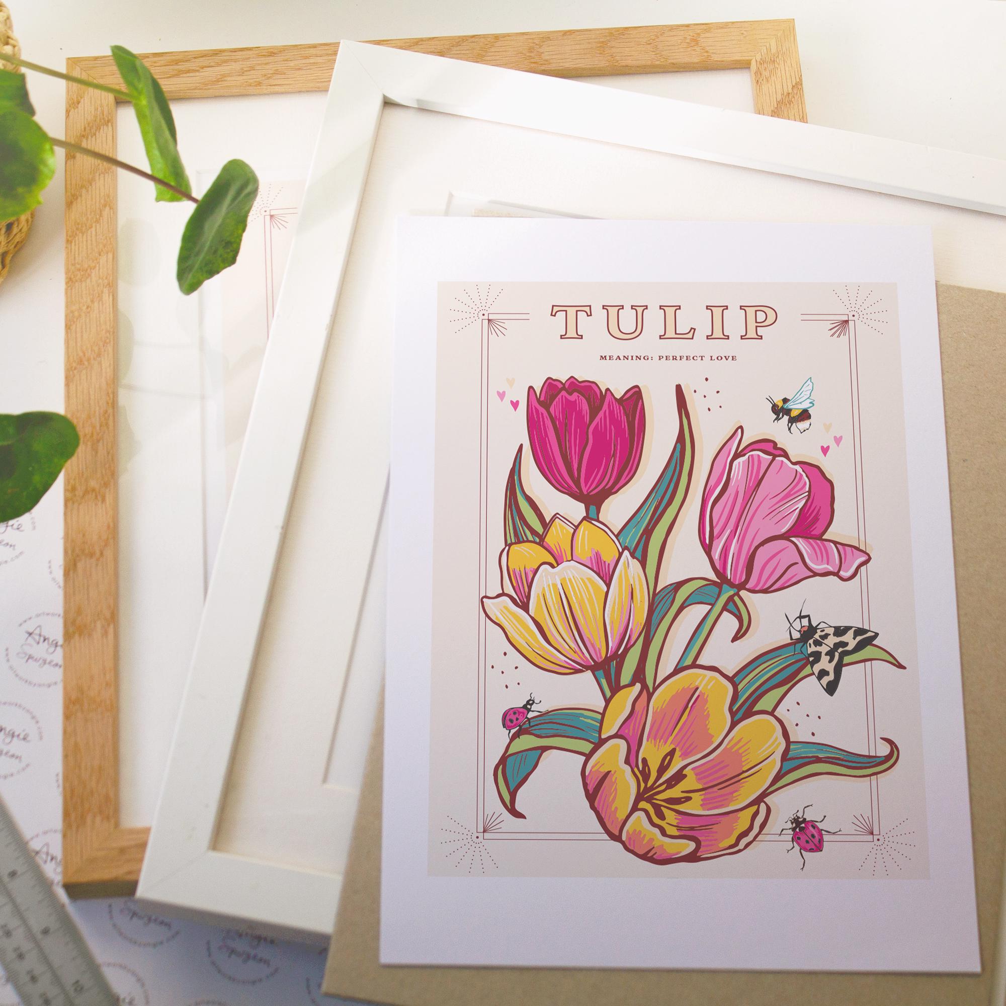 Tulip Wall Art Print, Meaning of Flowers Vintage Seed Packet Style Illustration Print