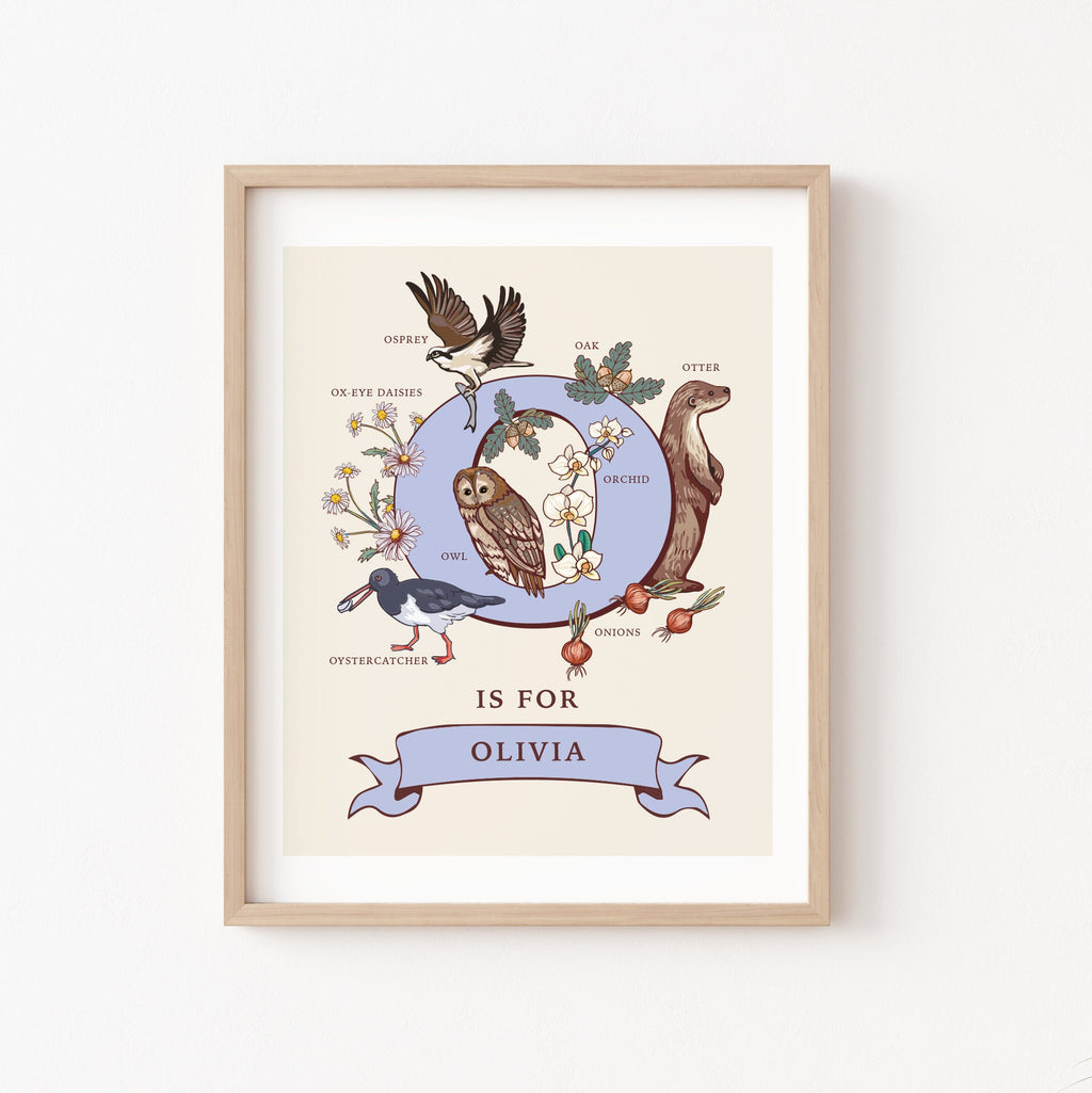 O - Personalised Letter O Print, Initial O Wall Art, Nature Guide Monogram Illustration