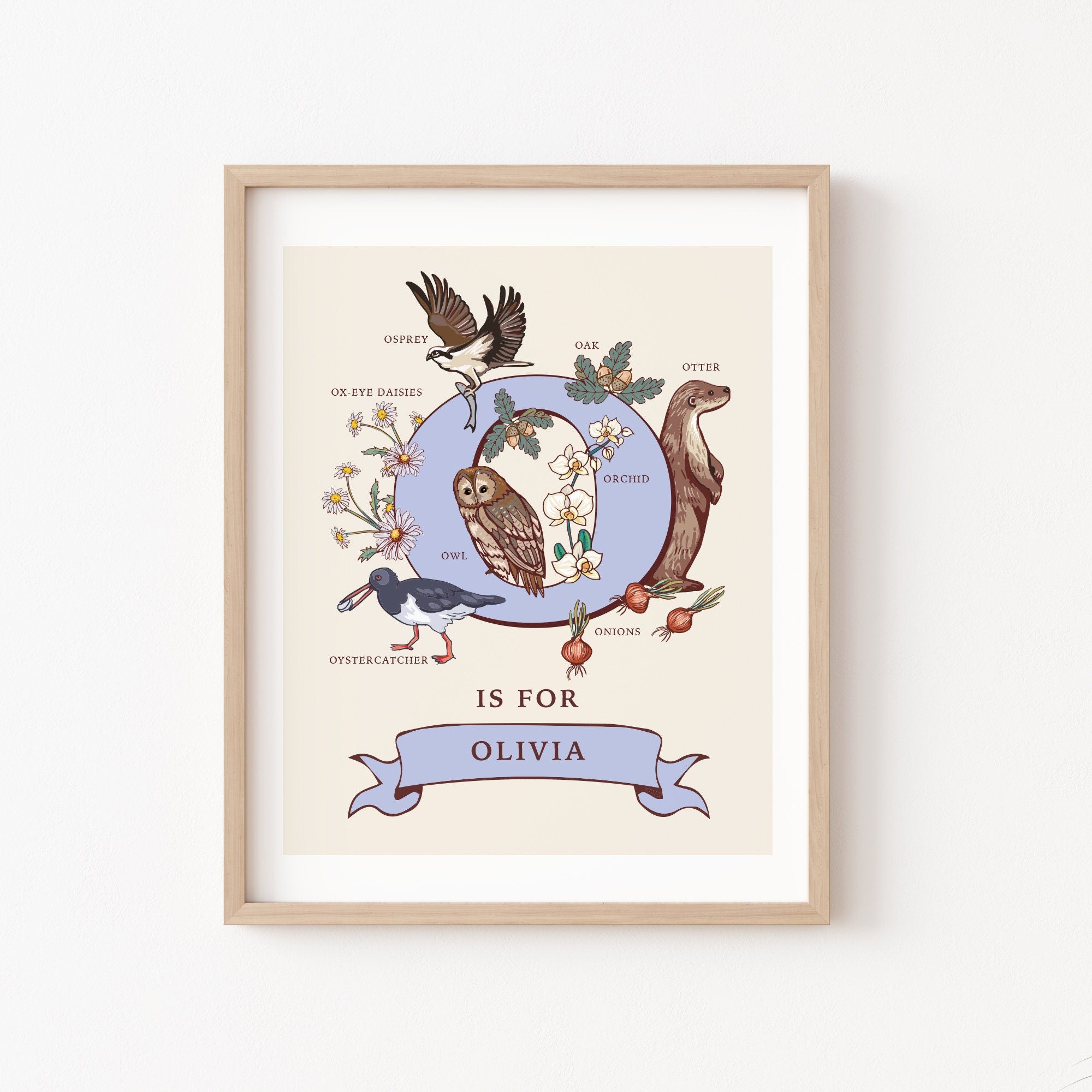O - Personalised Letter O Print, Initial O Wall Art, Nature Guide Monogram Illustration