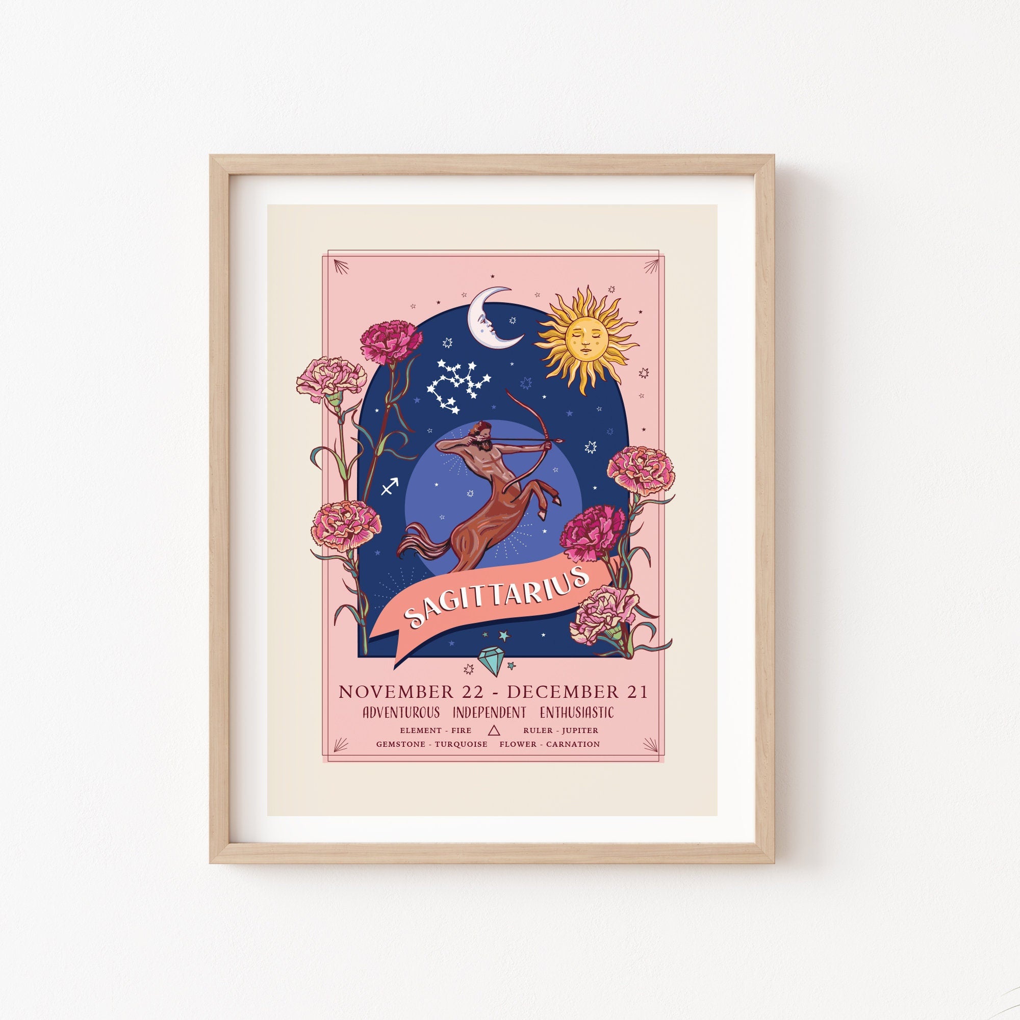 Sagittarius Wall Art Print, Zodiac Sign and Flowers Illustration Print