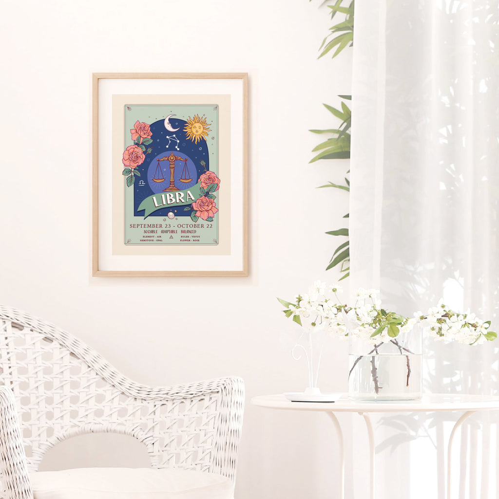 Libra Wall Art Print, Zodiac Sign and Flowers Illustration Print
