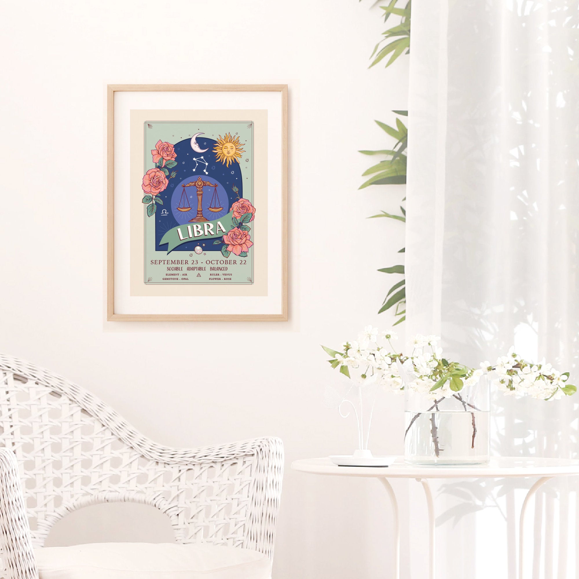 Libra Wall Art Print, Zodiac Sign and Flowers Illustration Print