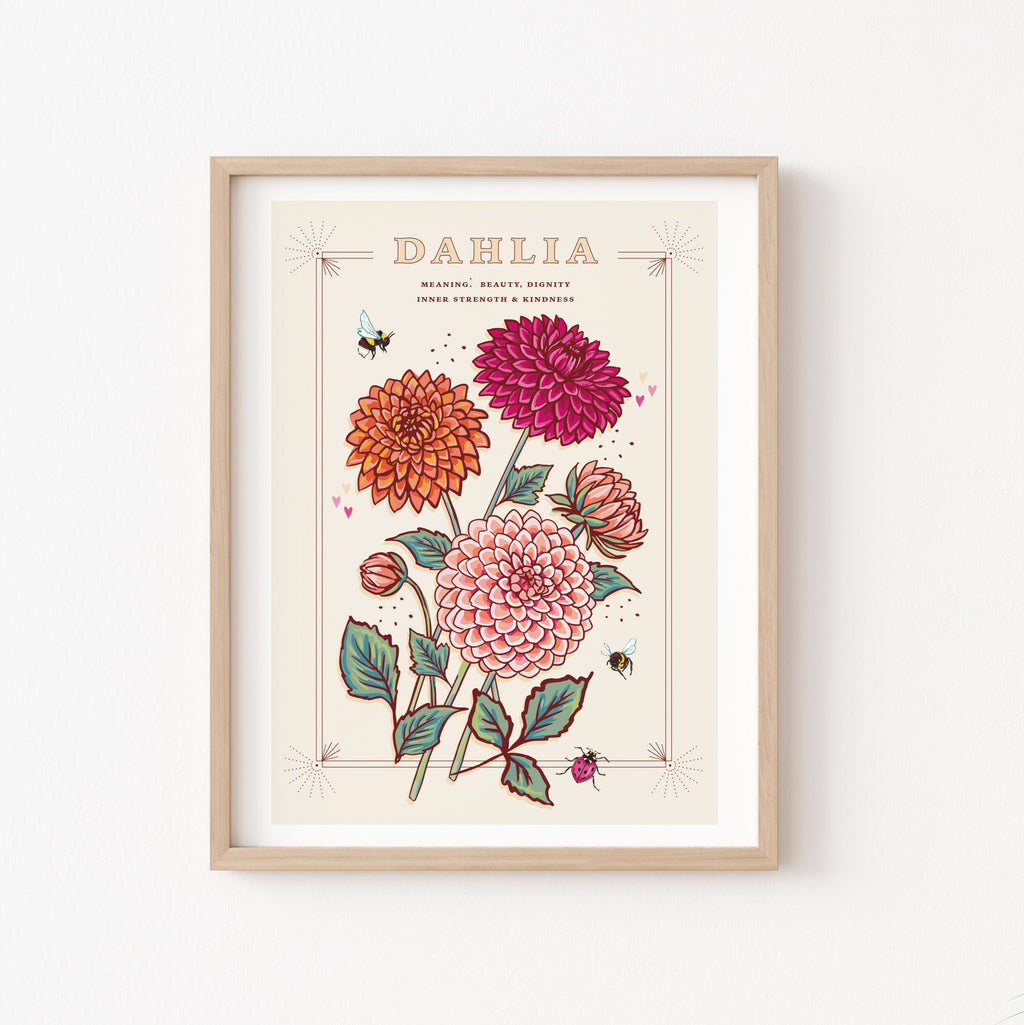 Dahlia Wall Art Print, Flower Meaning Illustration Print