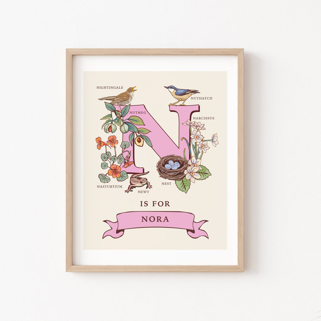 N - Personalised Letter N Print, Initial N Wall Art, Nature Guide Monogram Illustration