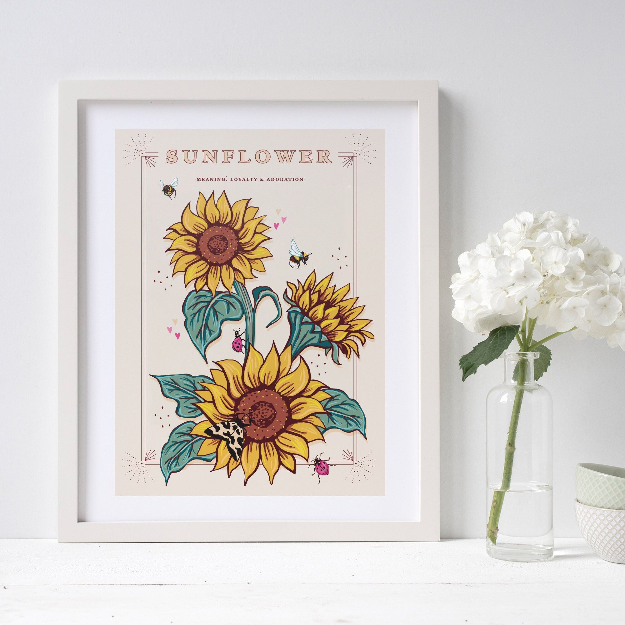 Sunflower Wall Art Print, Loyalty and Adoration Flower Illustration Print