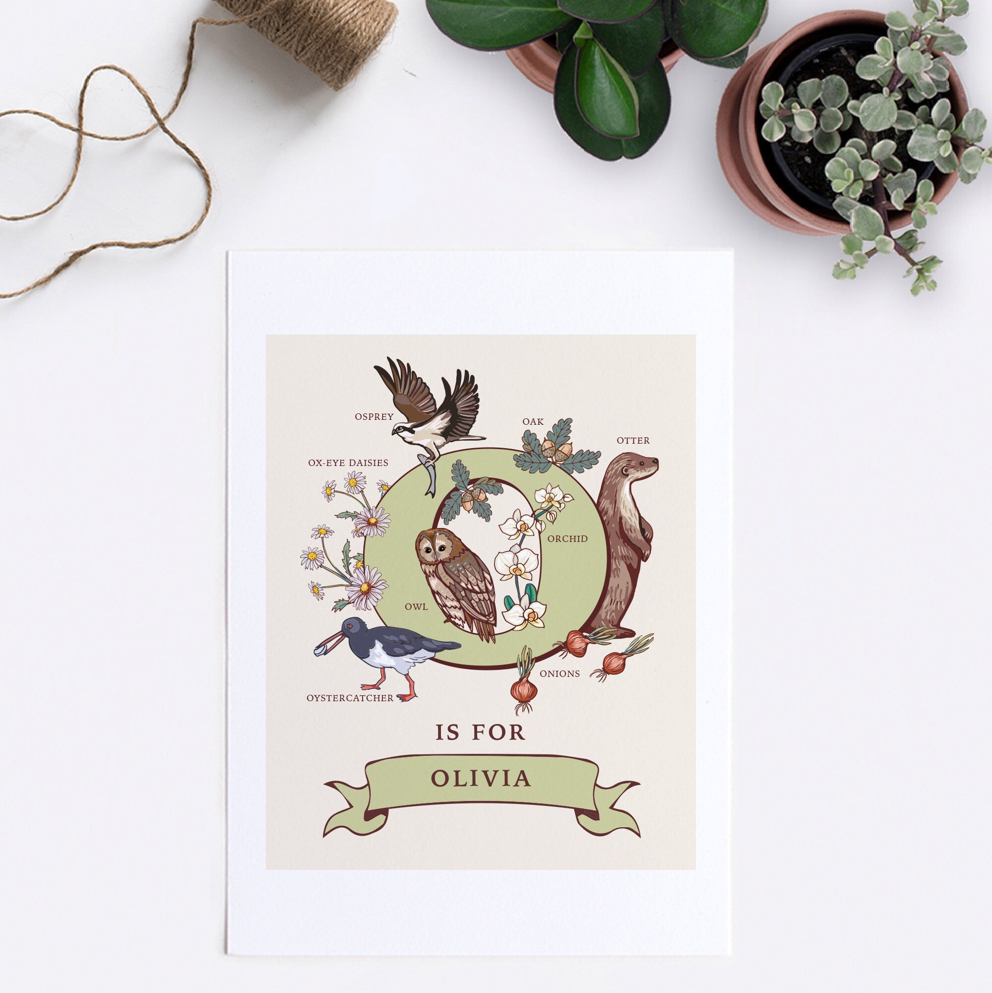 O - Personalised Letter O Print, Initial O Wall Art, Nature Guide Monogram Illustration