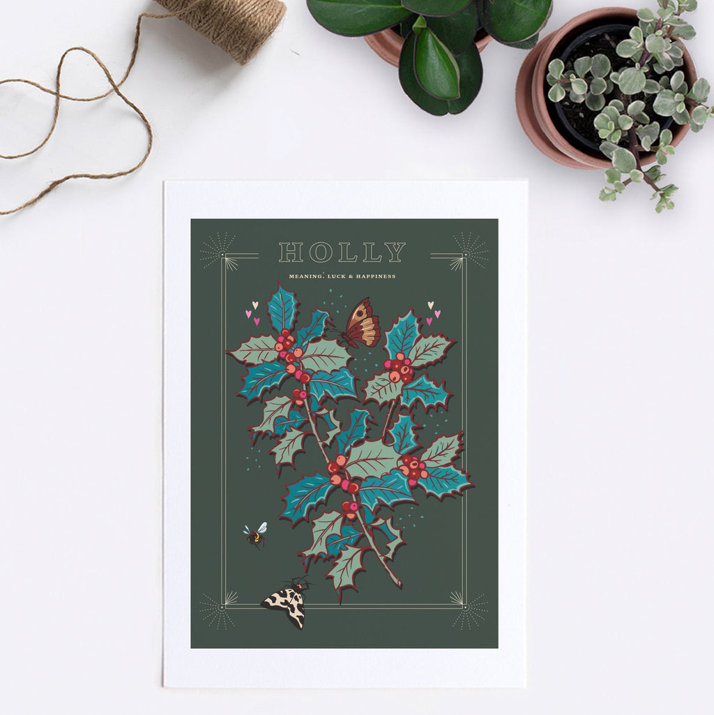 Holly Berries December Birth Month Wall Art Print