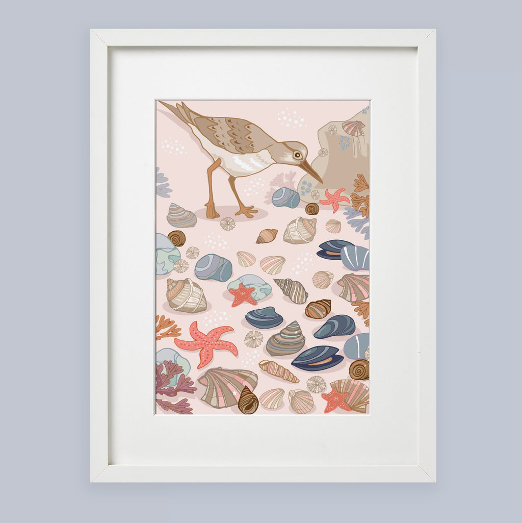 Sandpiper and Seabirds Wall Art Print, Coastal Birds Illustration Print