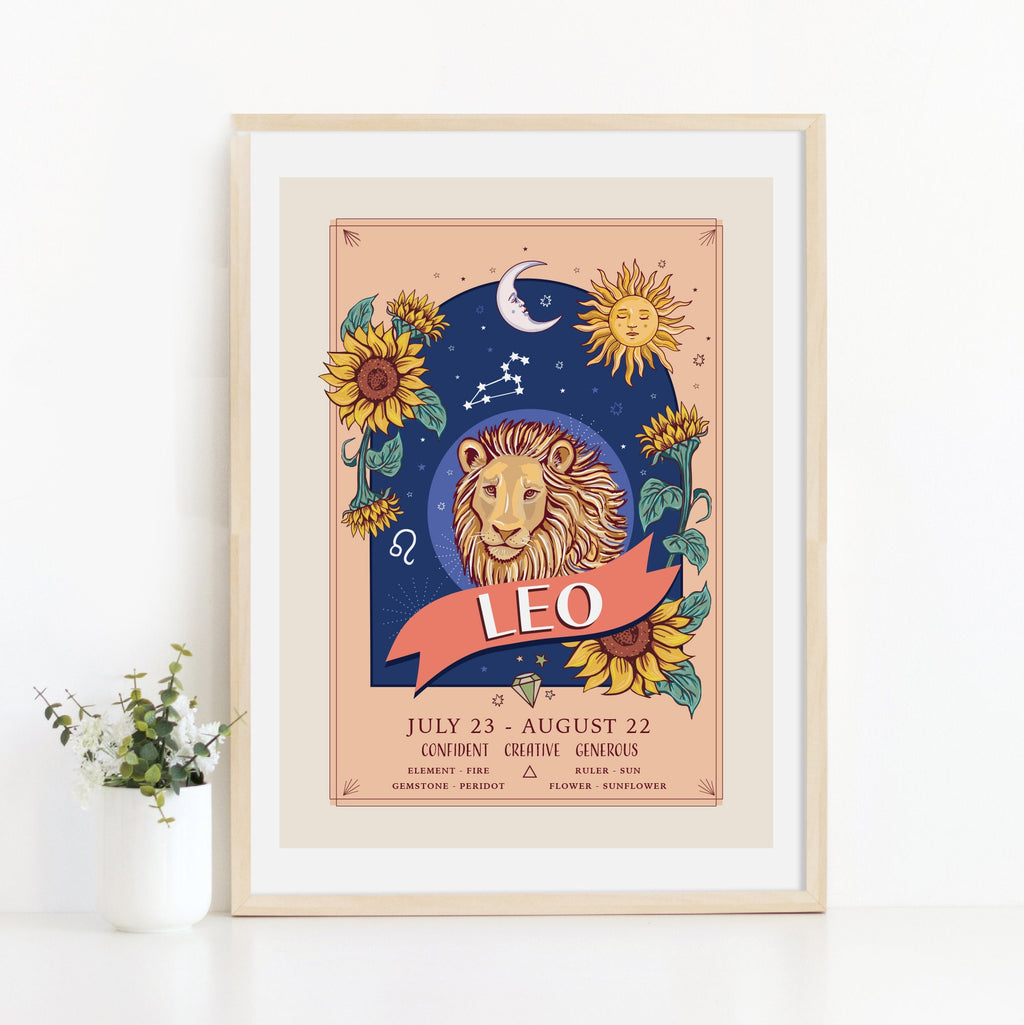 Leo Wall Art Print, Zodiac Sign and Flowers Illustration Print