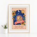 Leo Wall Art Print, Zodiac Sign and Flowers Illustration Print