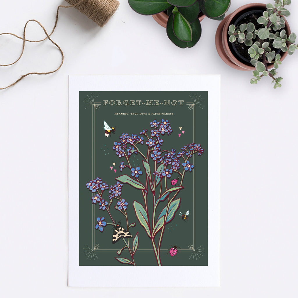 Forget Me Not Wall Art Print, True Love Flower Illustration Print