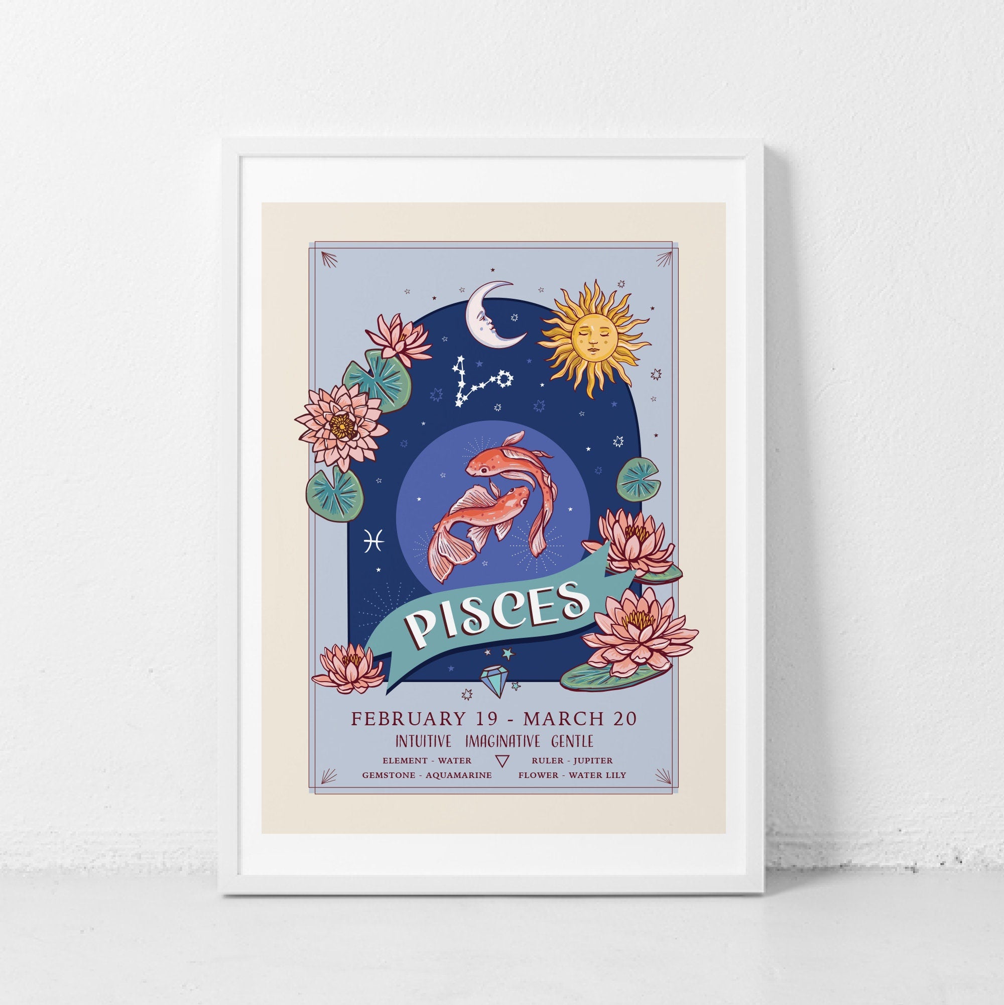 Pisces Wall Art Print, Zodiac Sign and Flowers Illustration Print