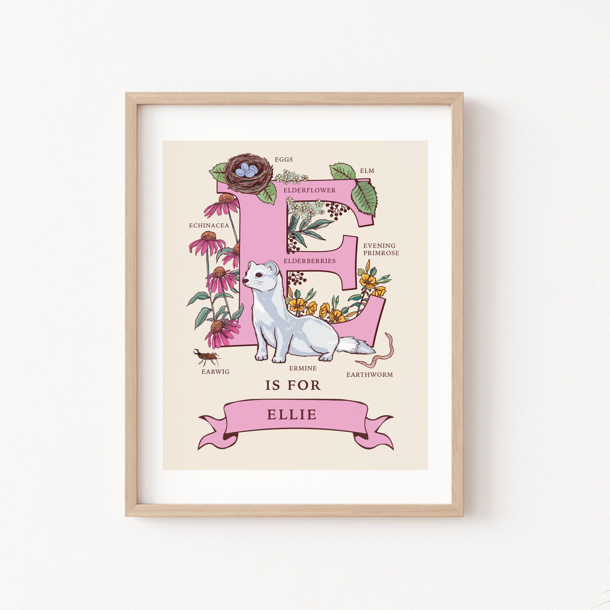 Personalised Monogram Initial Letter E, Nature Guide Wall Art Print