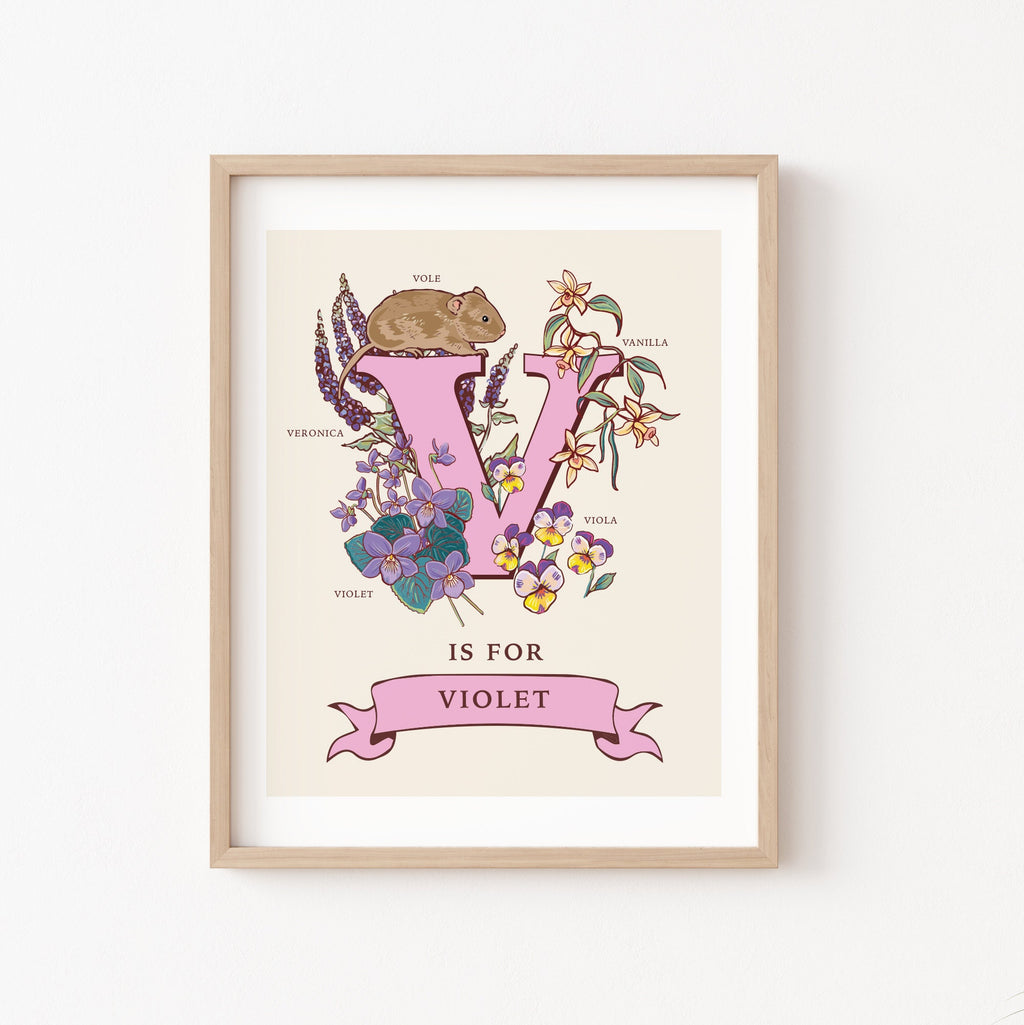 V - Personalised Letter V Print, Initial V Wall Art, Nature Guide Monogram Illustration