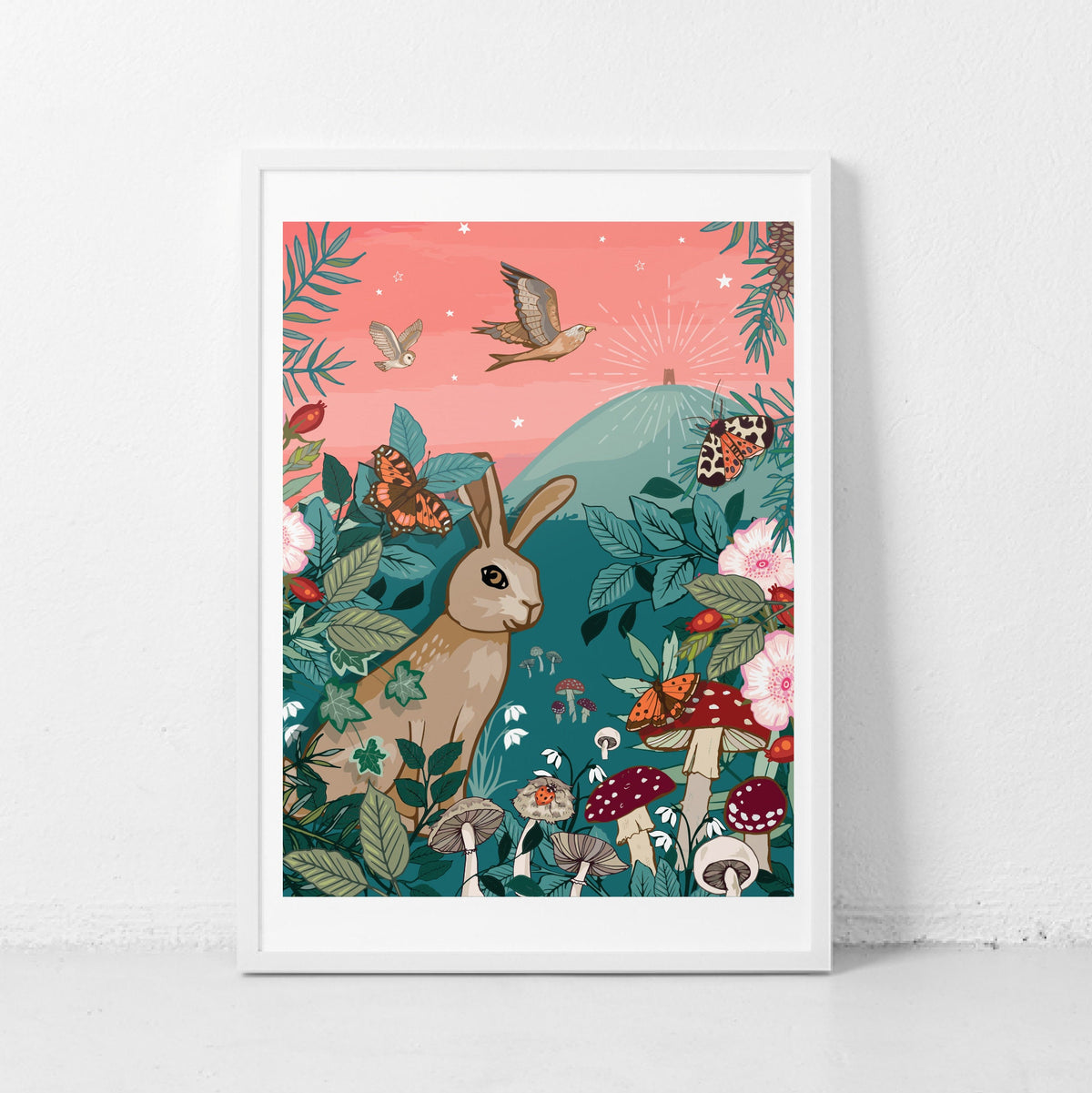 Hare and Glastonbury Tor Art Print: Woodland Wildlife Illustration