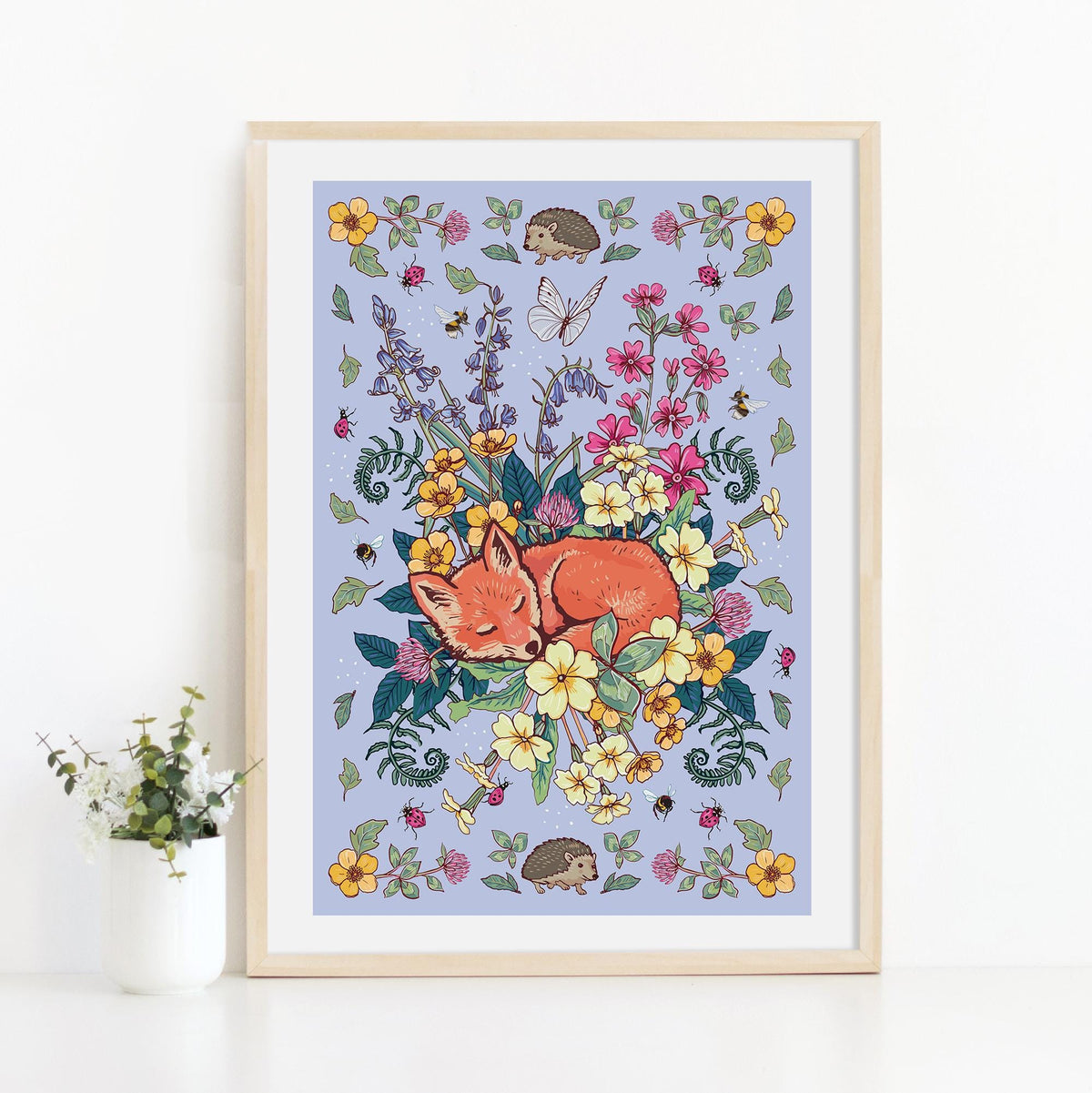 Summer Wildflowers and Fox Print, Bright Floral Cottage Core Wall Art