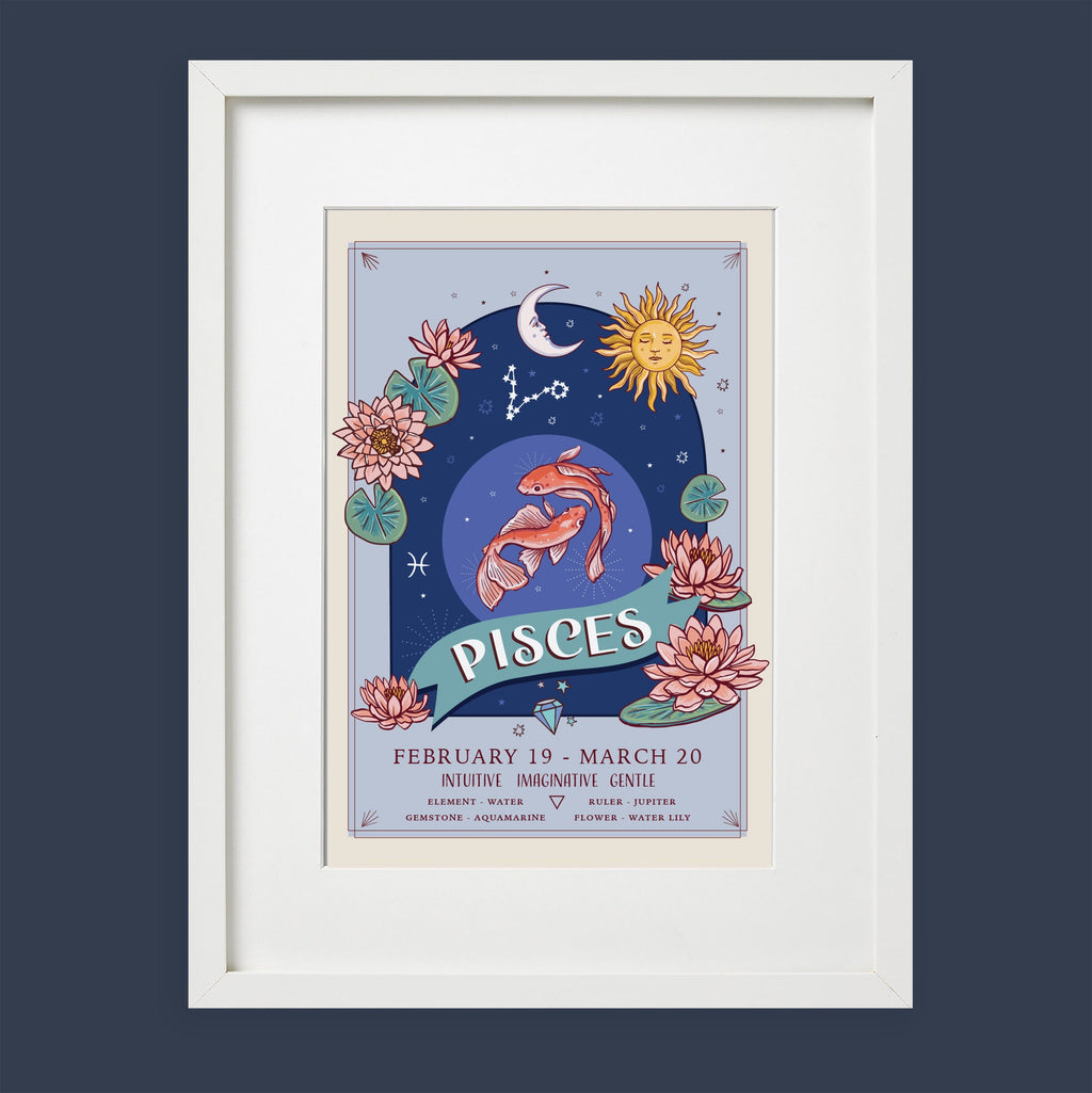 Pisces Wall Art Print, Zodiac Sign and Flowers Illustration Print