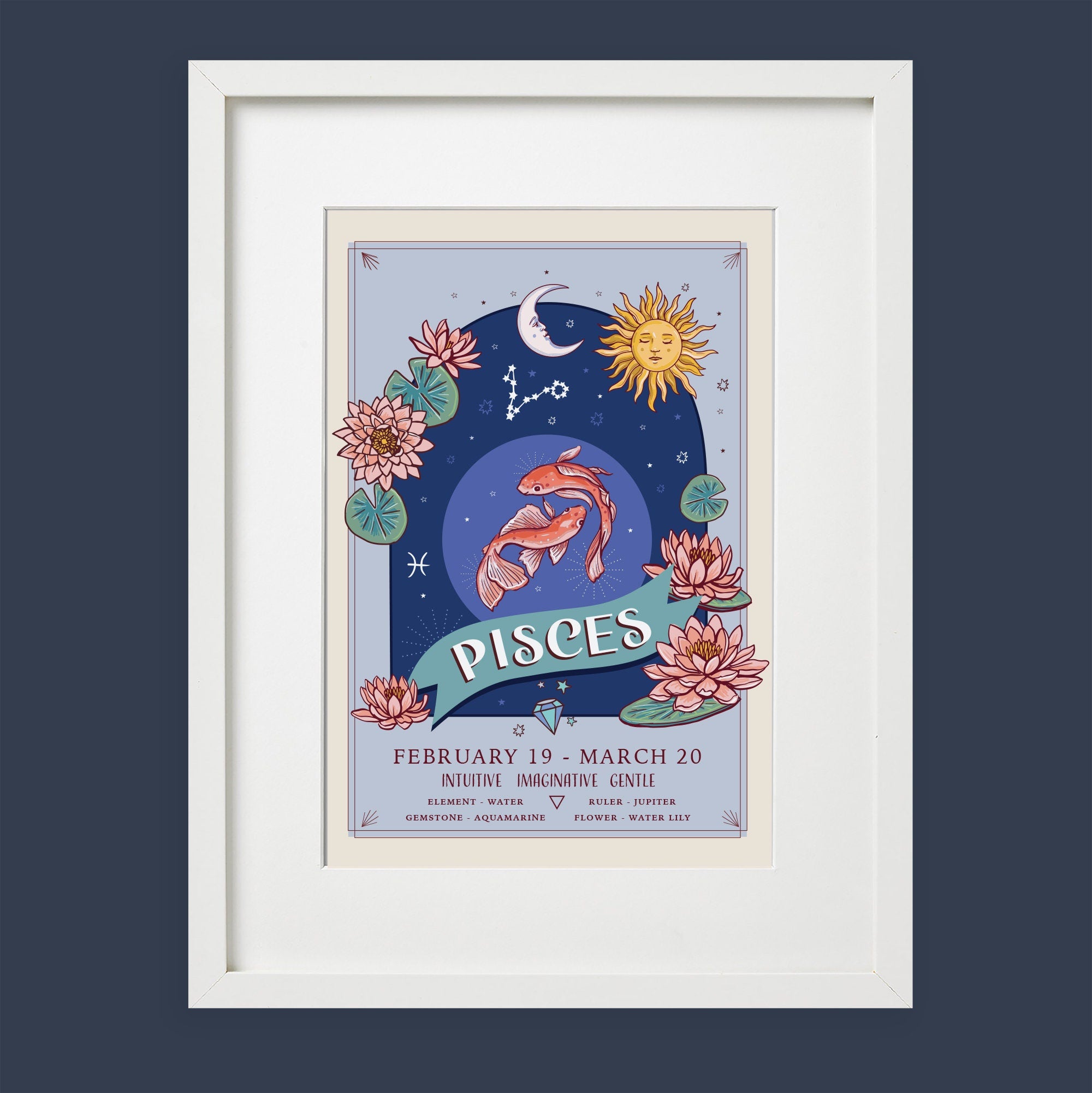Pisces Wall Art Print, Zodiac Sign and Flowers Illustration Print