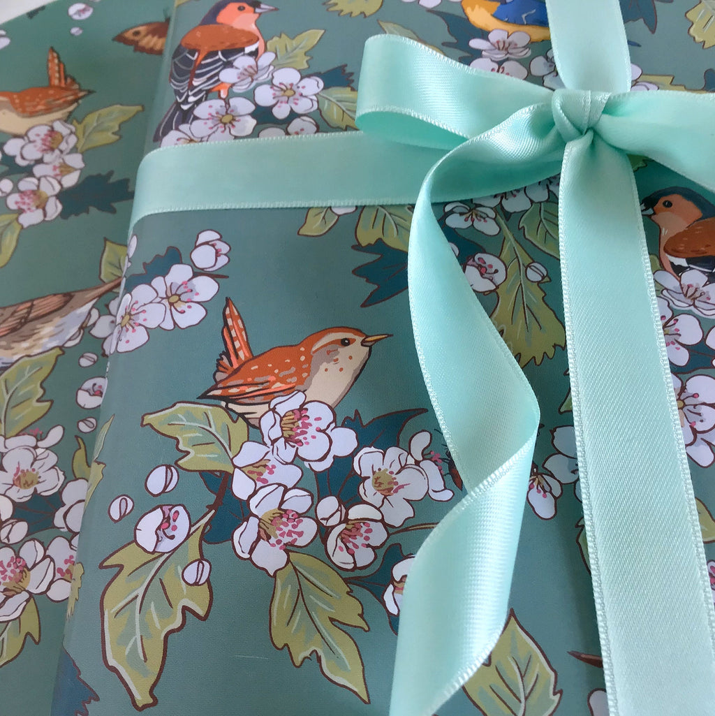 Hawthorn Blossom Gift Wrap, Hedgerow Birds Wrapping Paper