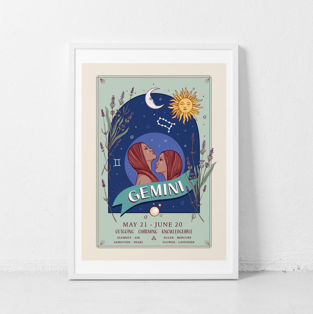 Gemini Wall Art Print, Zodiac Sign and Flowers Illustration Print