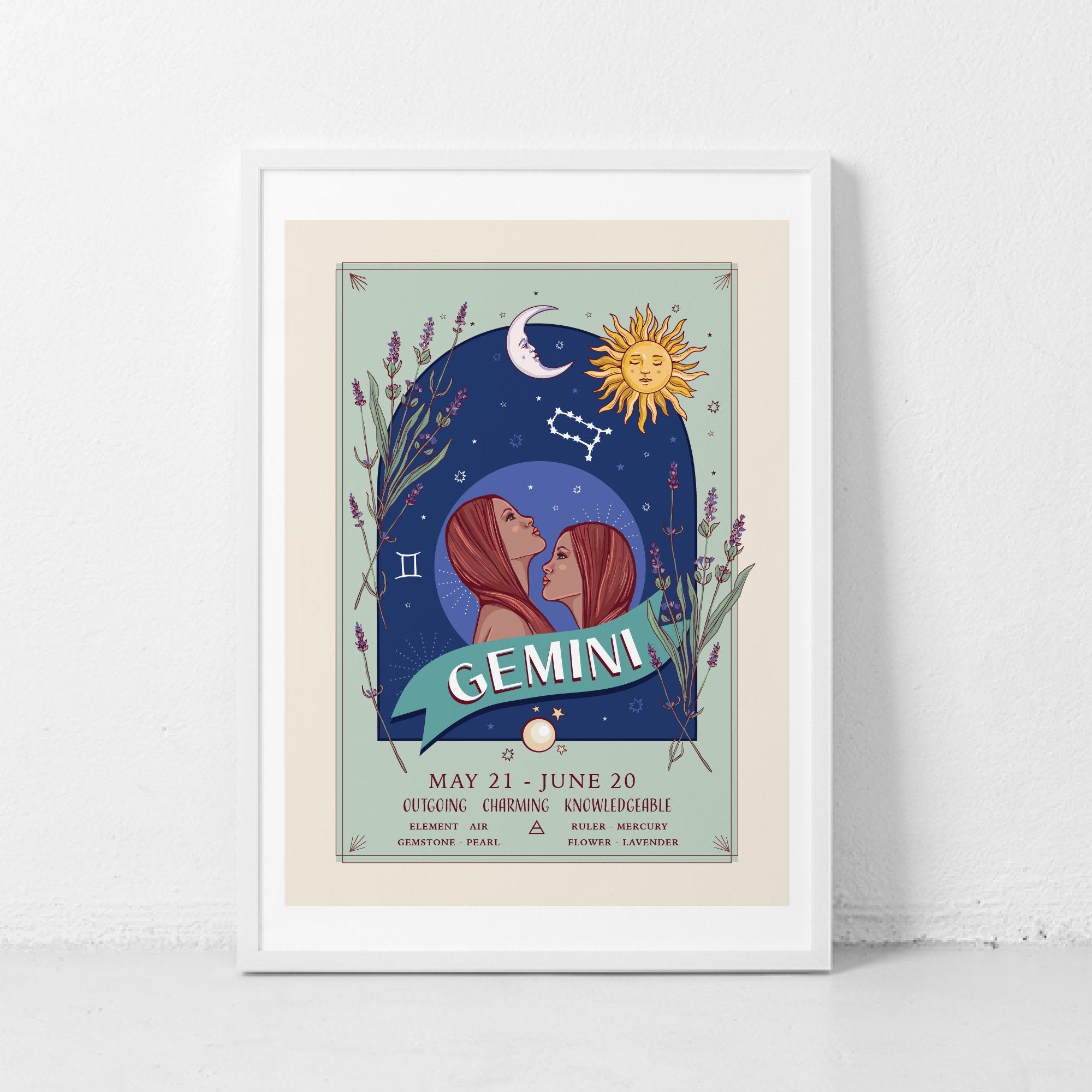 Gemini Wall Art Print, Zodiac Sign and Flowers Illustration Print