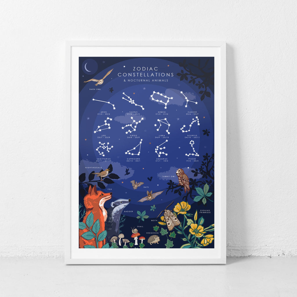 Zodiac Constellations Print and Nocturnal Animals Nature Guide Wall Art Print