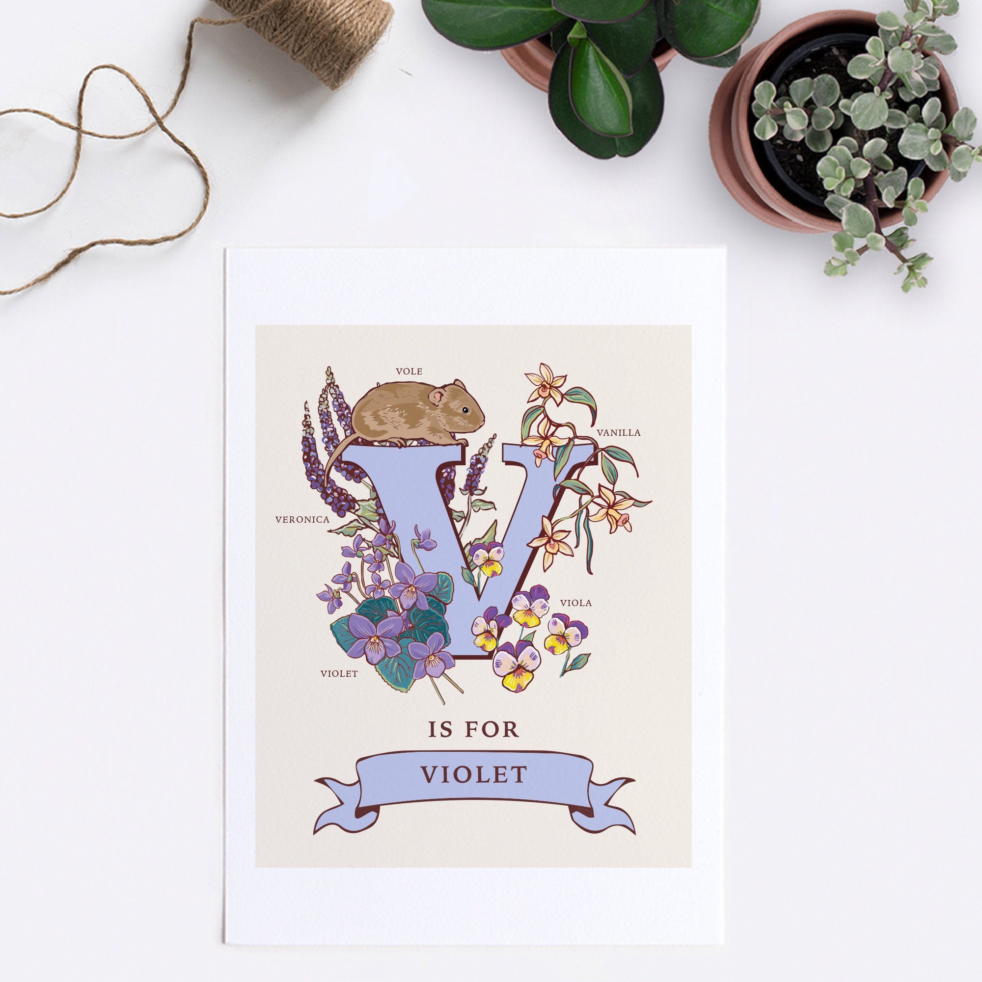 V - Personalised Letter V Print, Initial V Wall Art, Nature Guide Monogram Illustration