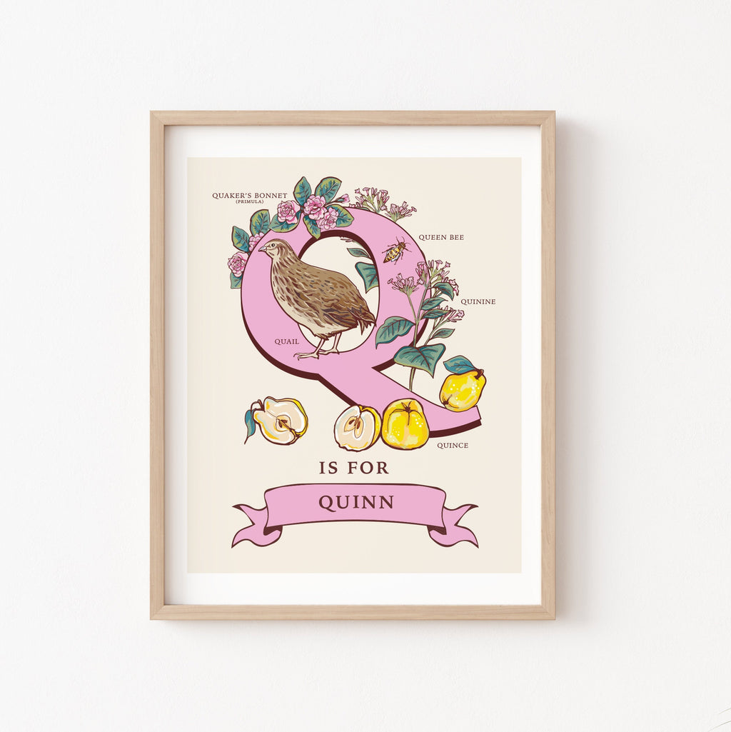 Q - Personalised Letter Q Print, Initial Q Wall Art, Nature Guide Monogram Illustration