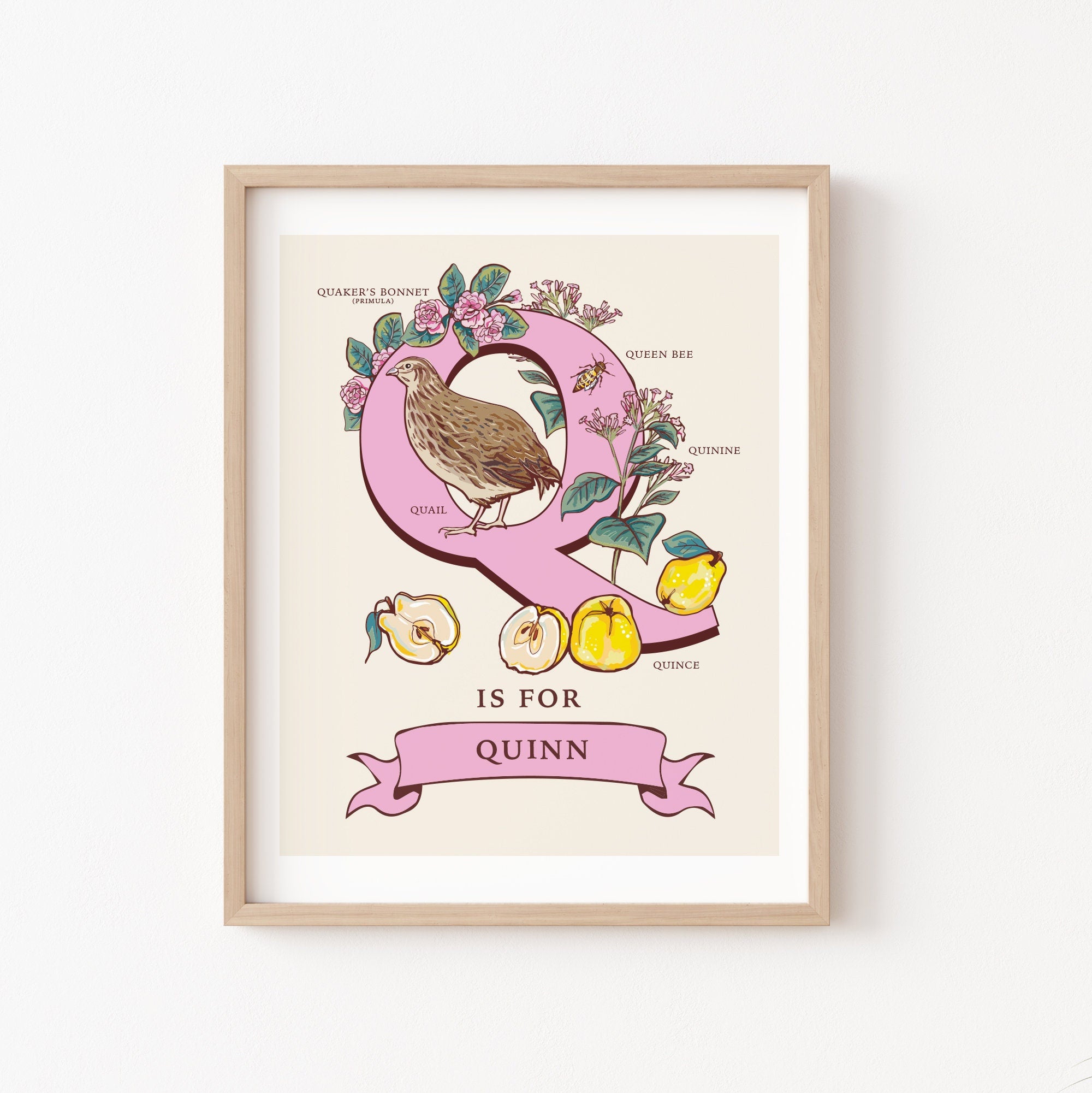 Q - Personalised Letter Q Print, Initial Q Wall Art, Nature Guide Monogram Illustration