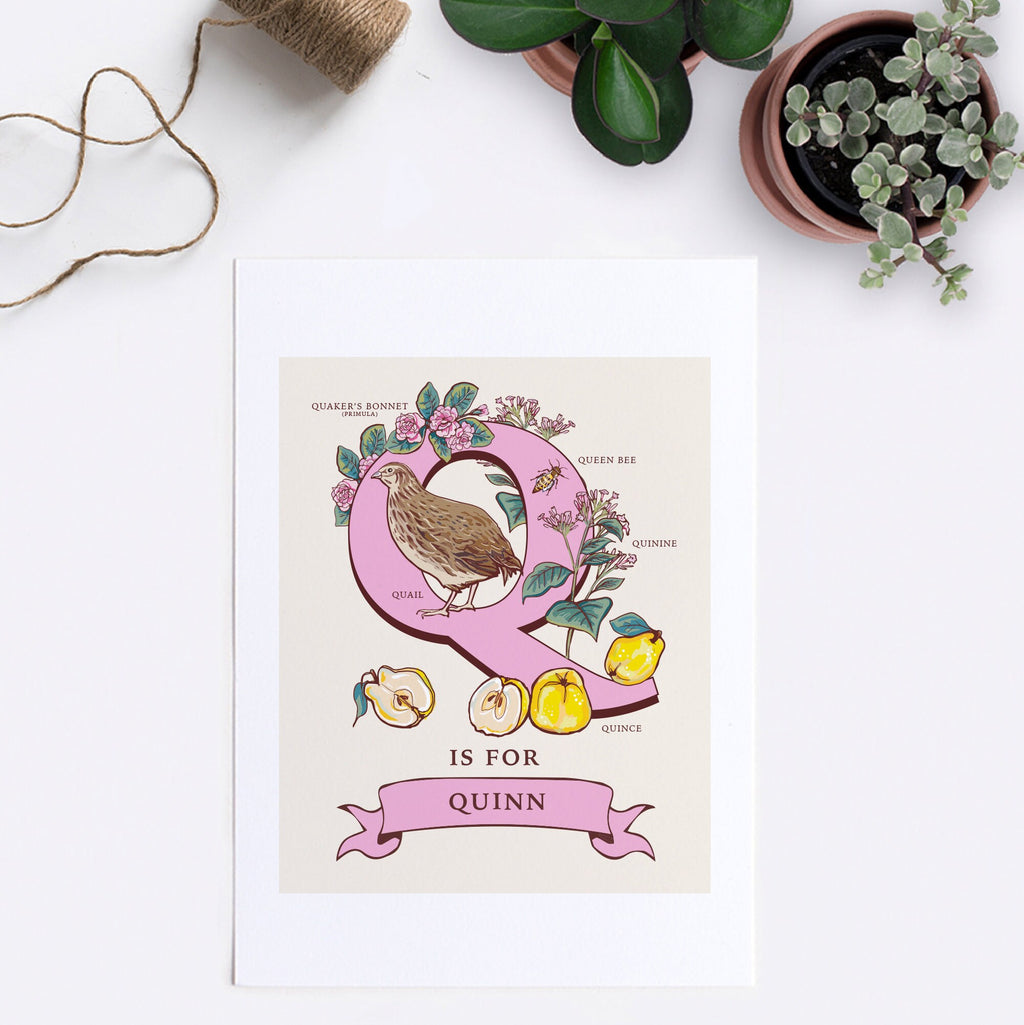 Q - Personalised Letter Q Print, Initial Q Wall Art, Nature Guide Monogram Illustration