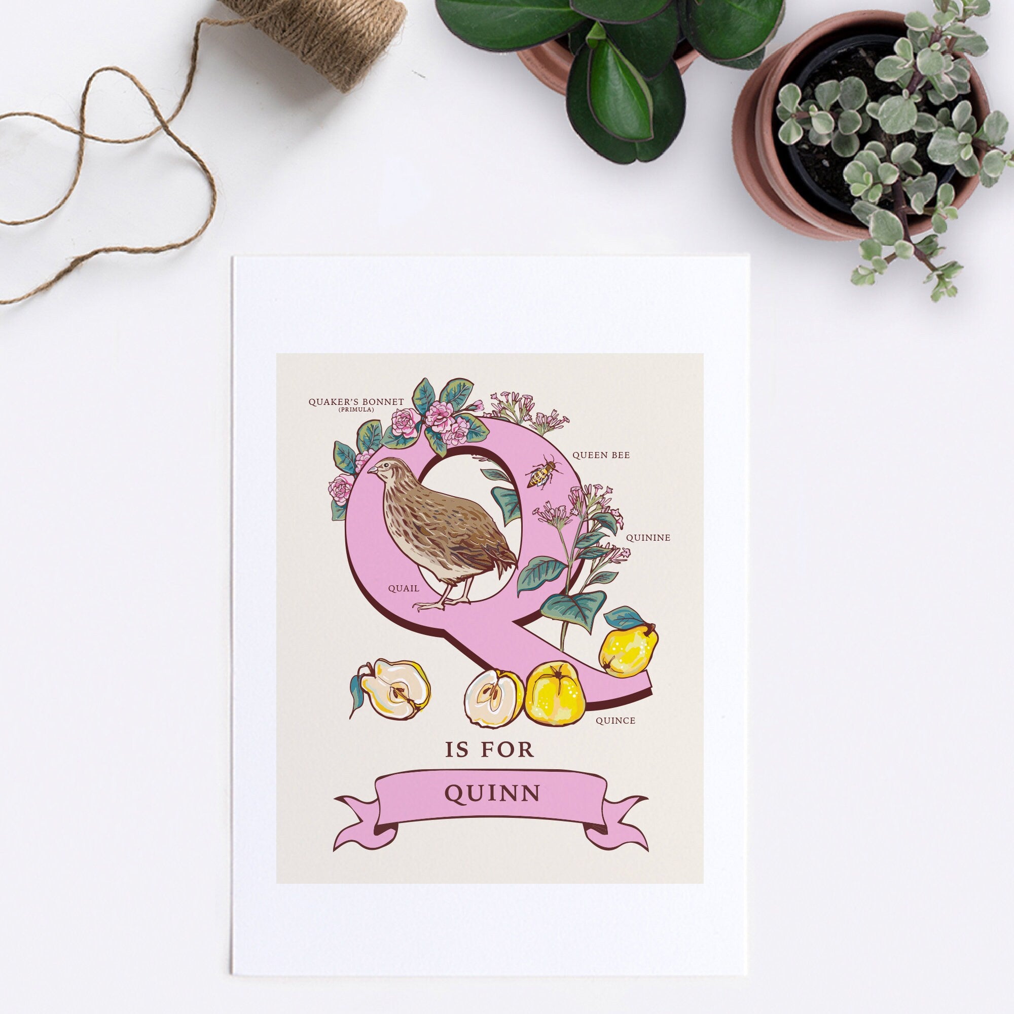 Q - Personalised Letter Q Print, Initial Q Wall Art, Nature Guide Monogram Illustration