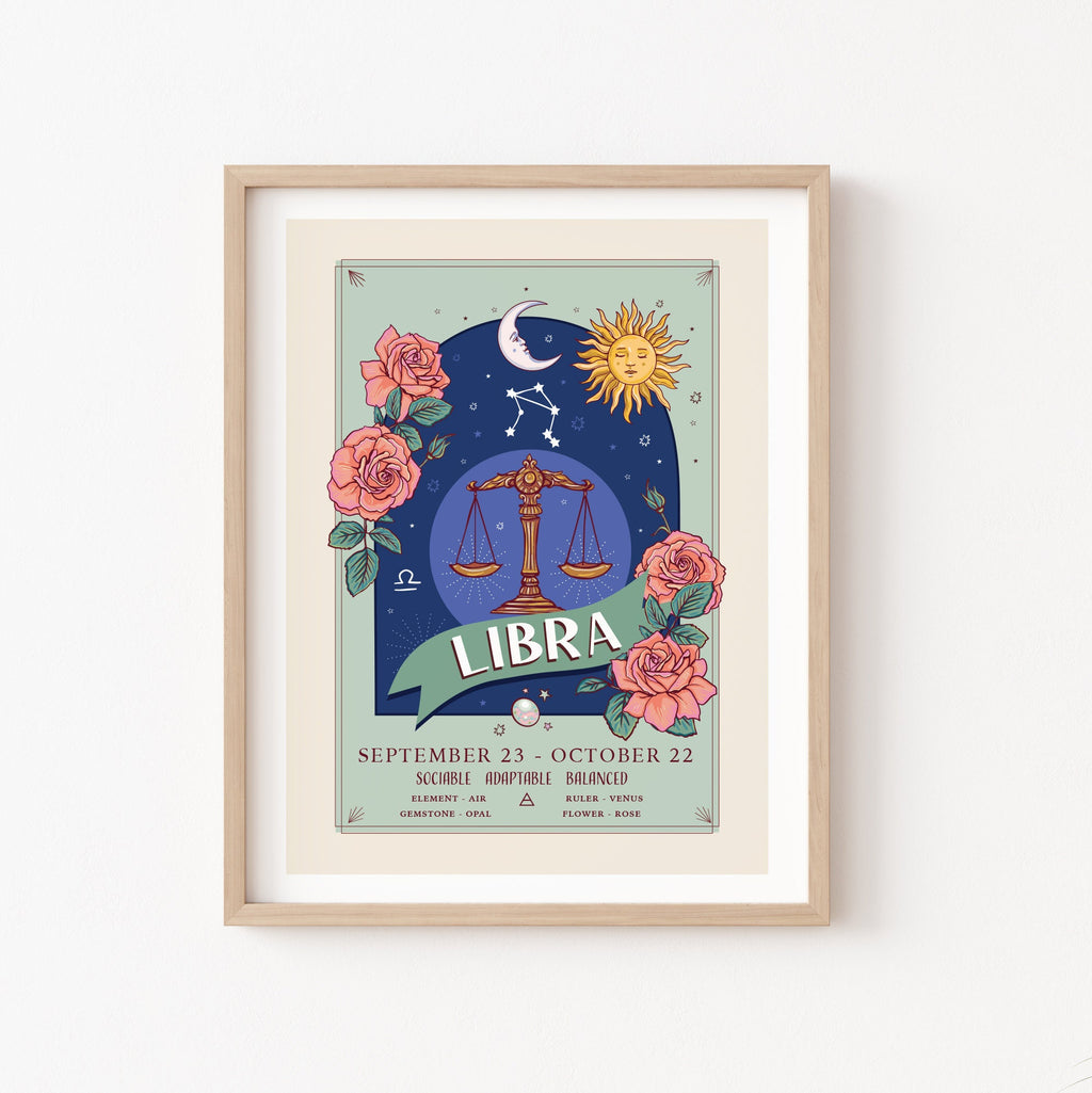 Libra Wall Art Print, Zodiac Sign and Flowers Illustration Print