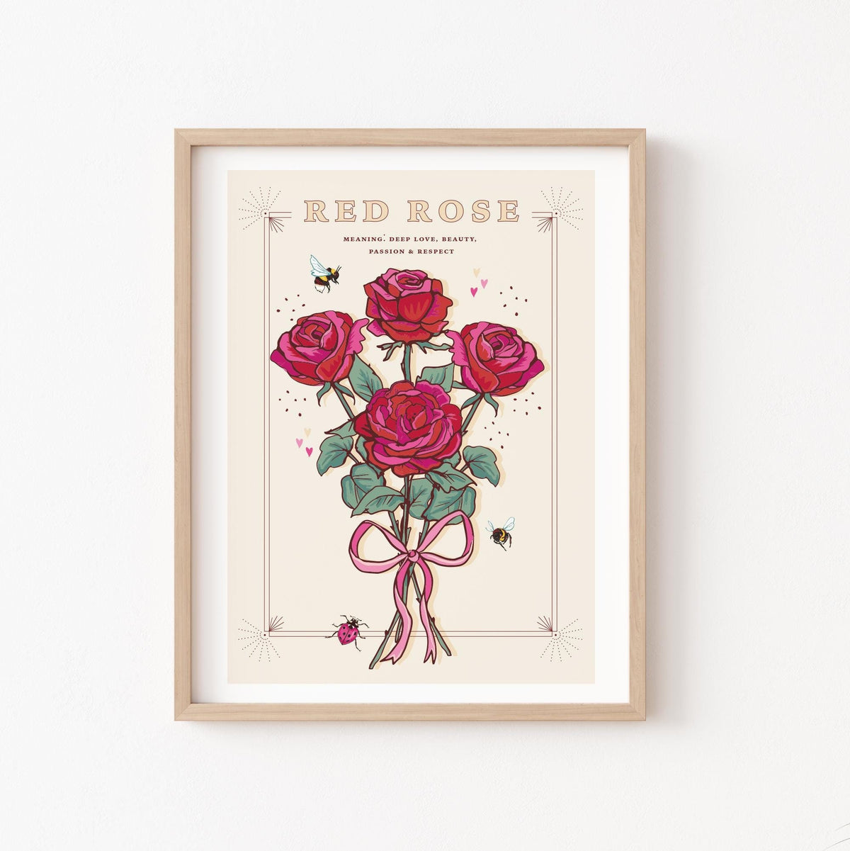 Red Rose Wall Art Print, Flower Meaning Illustration Print