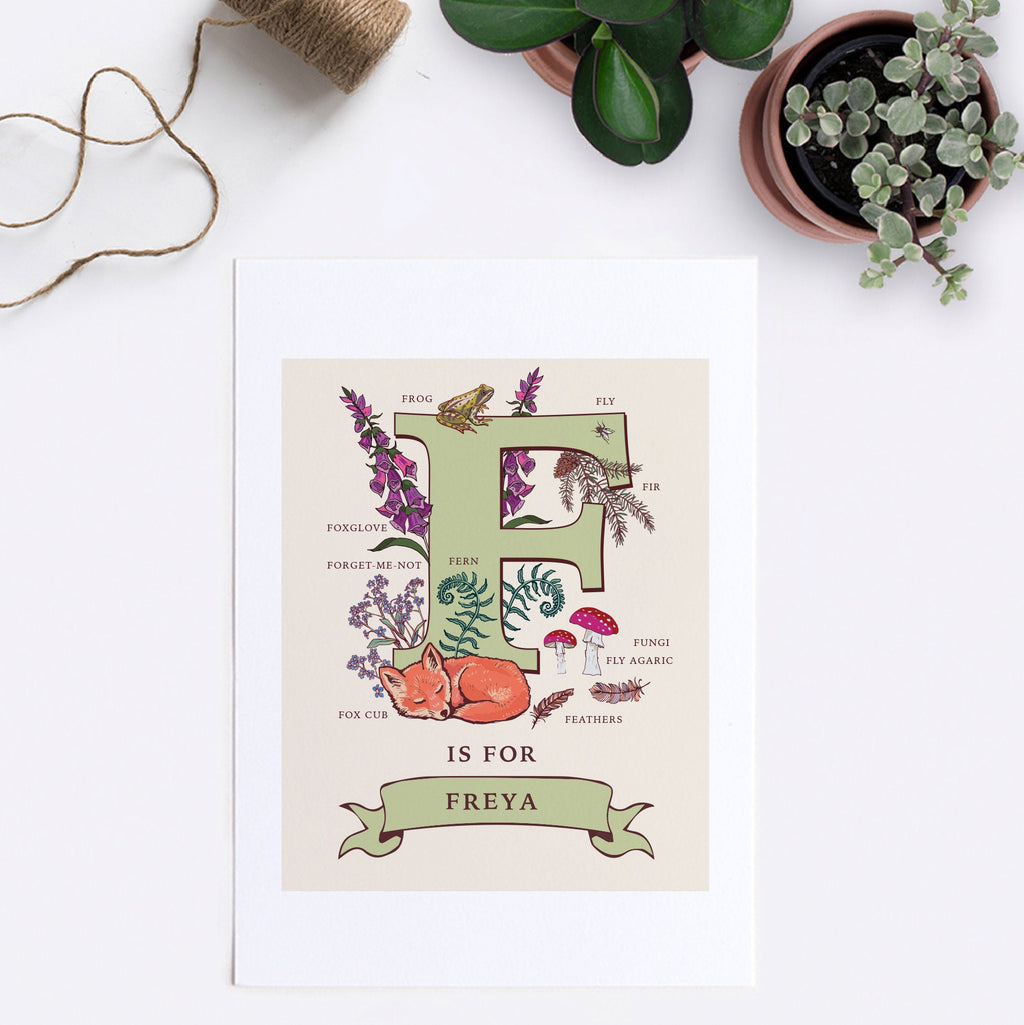 Personalised Monogram Initial Letter F, Nature Guide Wall Art Print