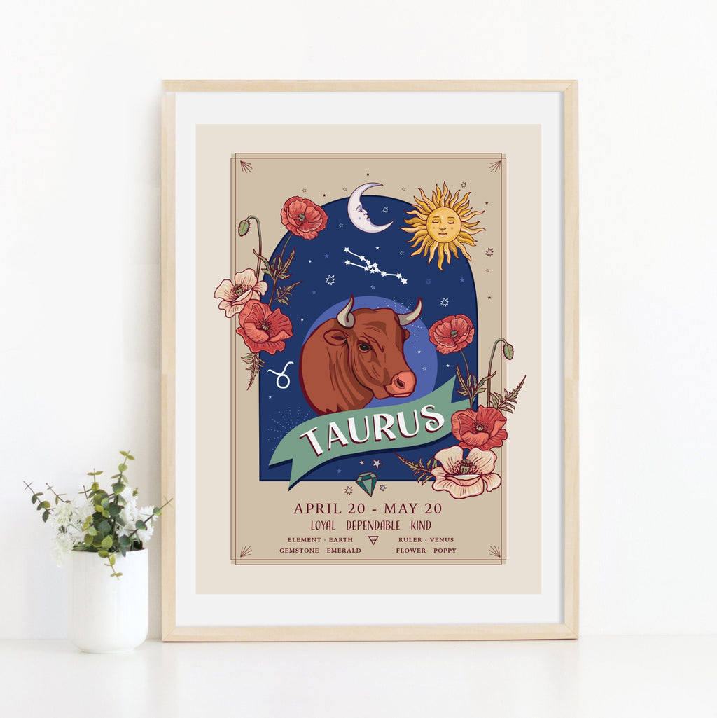 Taurus Wall Art Print, Zodiac Sign and Flowers Illustration Print