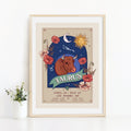 Taurus Wall Art Print, Zodiac Sign and Flowers Illustration Print
