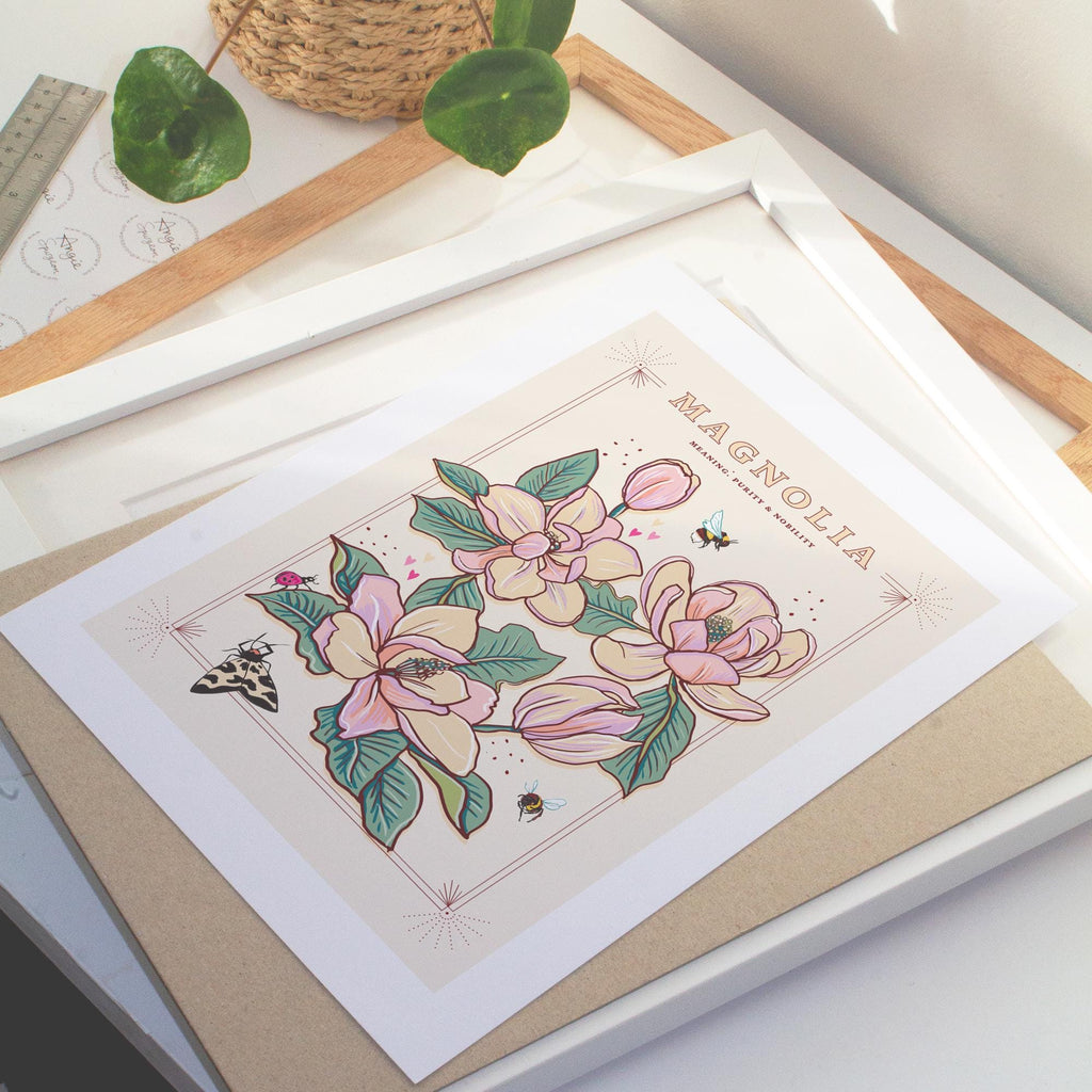 Magnolia Wall Art Print, Meaning of Flowers Illustration Print