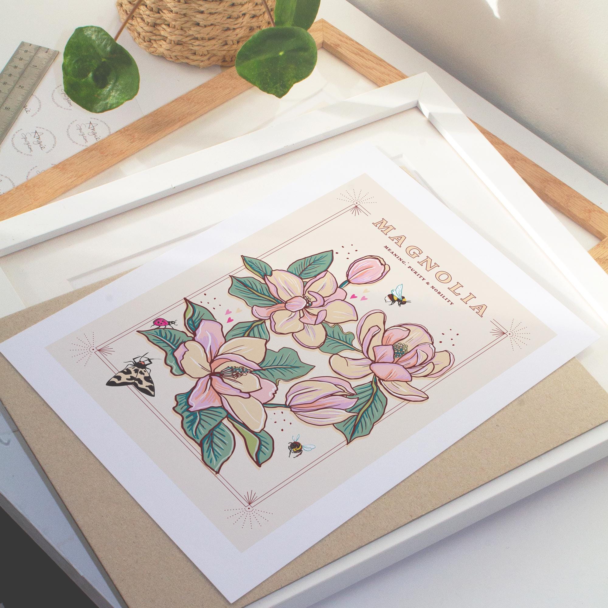 Magnolia Wall Art Print, Meaning of Flowers Illustration Print